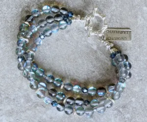 Mystic Aura Quartz Rounds 3-Strand Bracelet with Fire Polished Glass and a Silver Toggle Clasp