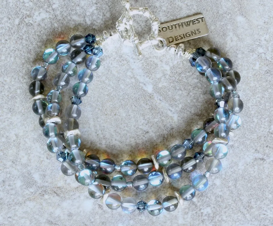 Mystic Aura Quartz Rounds 3-Strand Bracelet with Fire Polished Glass and a Silver Toggle Clasp