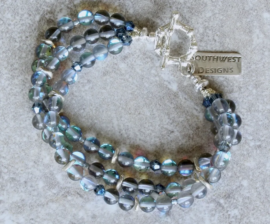 Mystic Aura Quartz Rounds 3-Strand Bracelet with Fire Polished Glass and a Silver Toggle Clasp