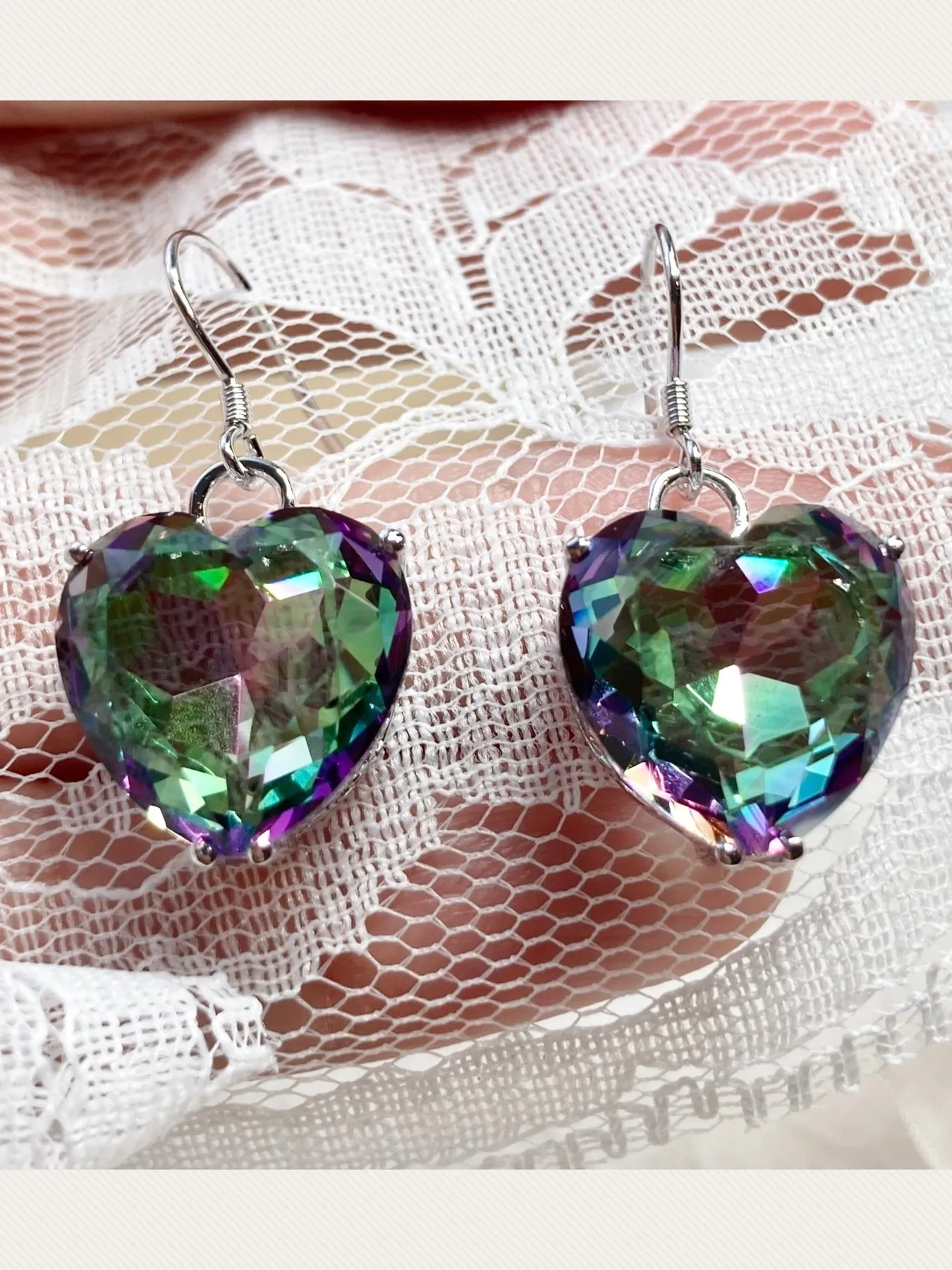 Mystic Topaz Earrings, Heart Gemstone, Art Nouveau Jewelry #E38 - Ready to Ship