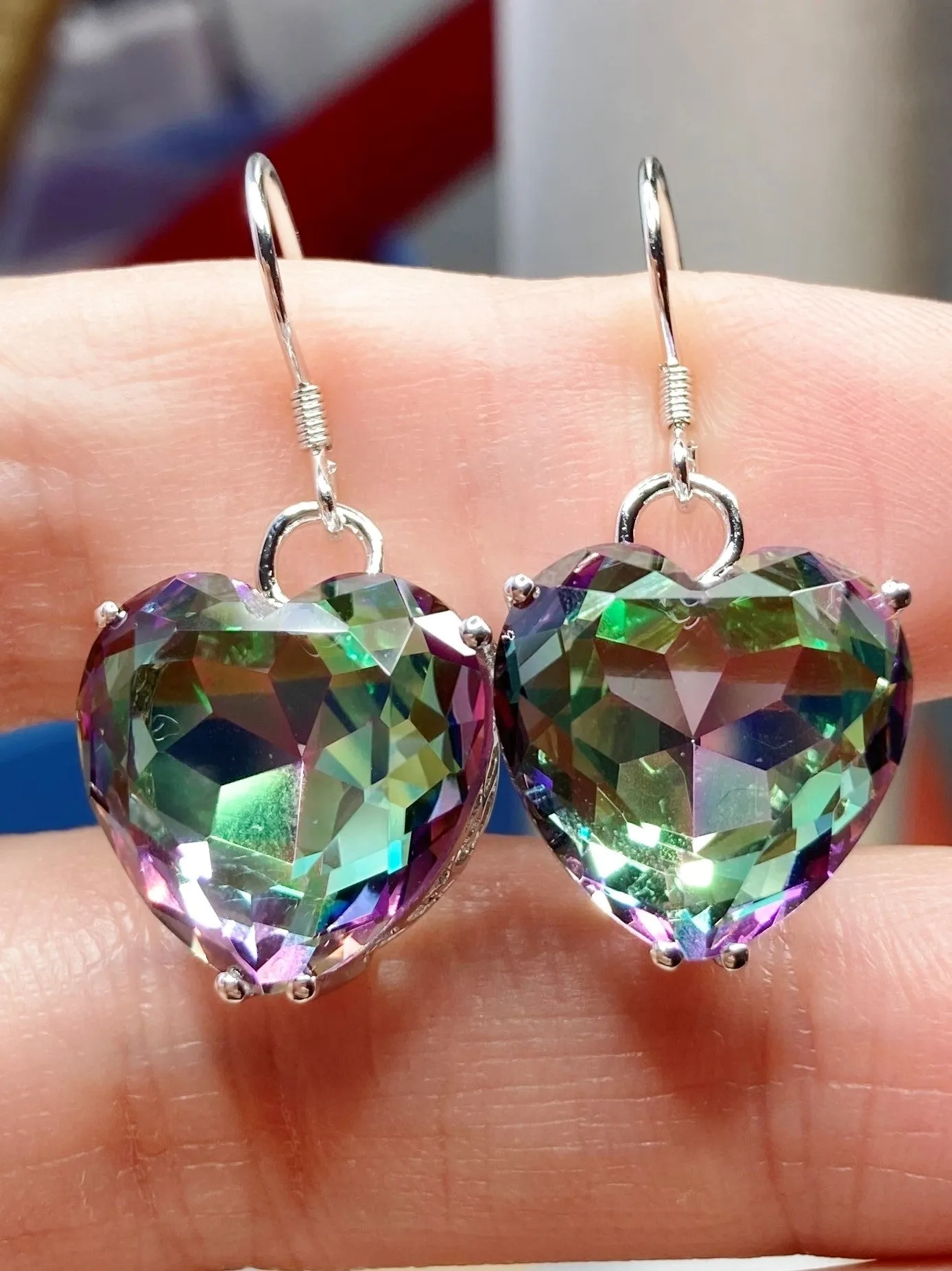 Mystic Topaz Earrings, Heart Gemstone, Art Nouveau Jewelry #E38 - Ready to Ship