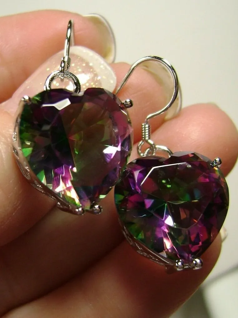 Mystic Topaz Earrings, Heart Gemstone, Art Nouveau Jewelry #E38 - Ready to Ship