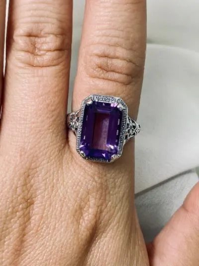 Natural Amethyst Art Nouveau Ring, Purple Amethyst Gemstone, Vintage Style Jewelry, Design#D64
