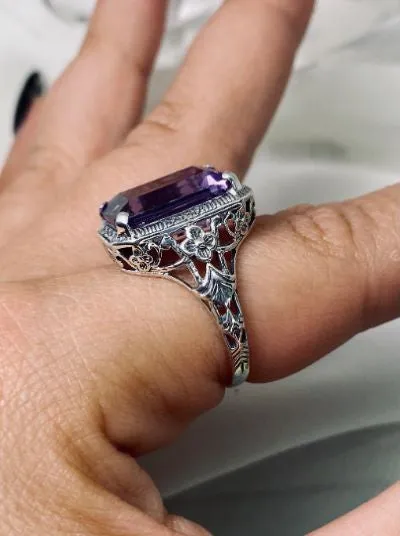 Natural Amethyst Art Nouveau Ring, Purple Amethyst Gemstone, Vintage Style Jewelry, Design#D64