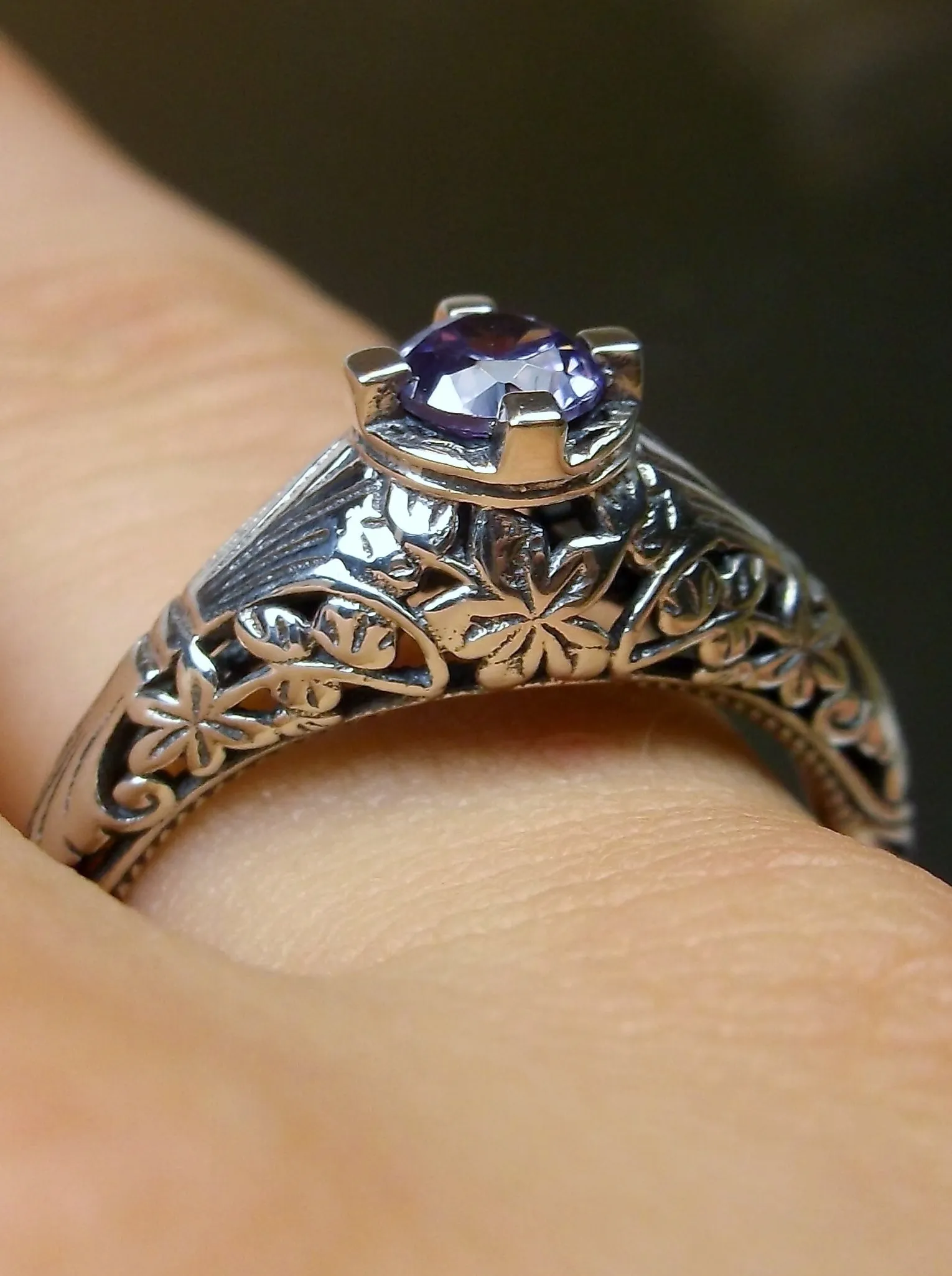 Natural Amethyst Ring, Silver Edwardian Floral Filigree Jewelry #D154