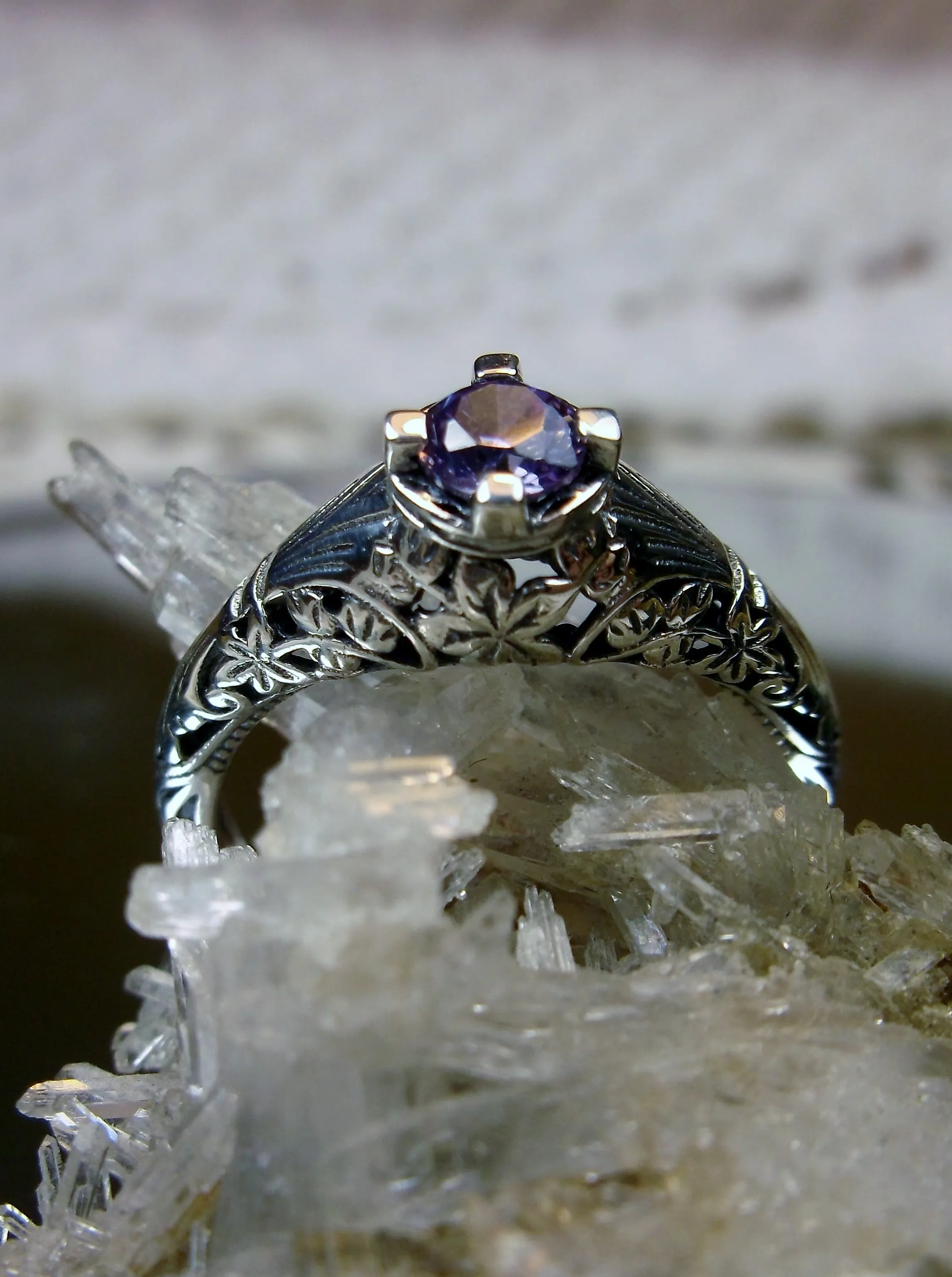 Natural Amethyst Ring, Silver Edwardian Floral Filigree Jewelry #D154