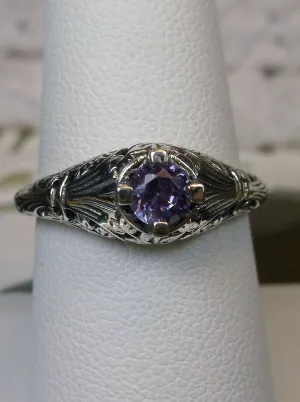 Natural Amethyst Ring, Silver Edwardian Floral Filigree Jewelry #D154