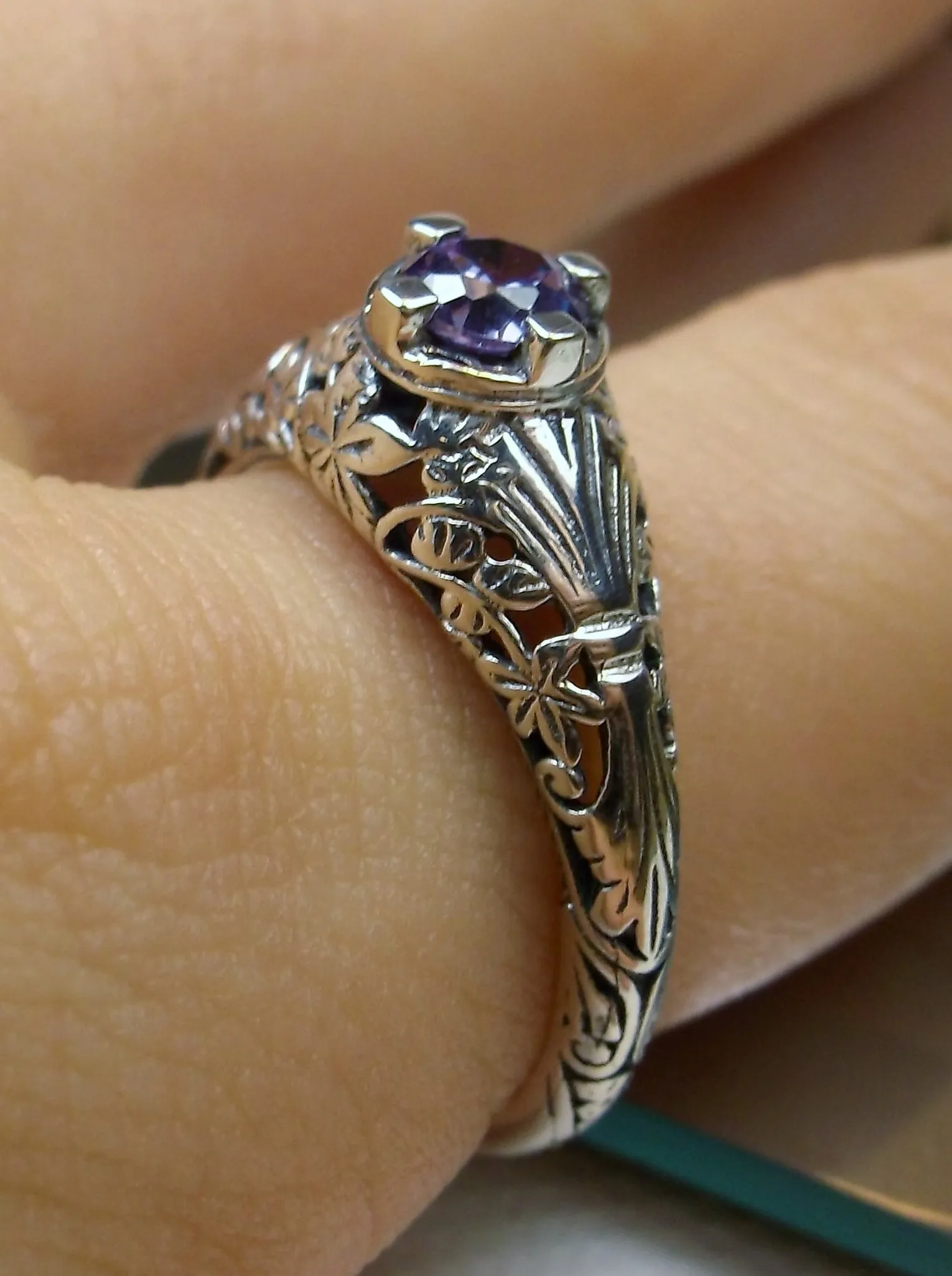 Natural Amethyst Ring, Silver Edwardian Floral Filigree Jewelry #D154