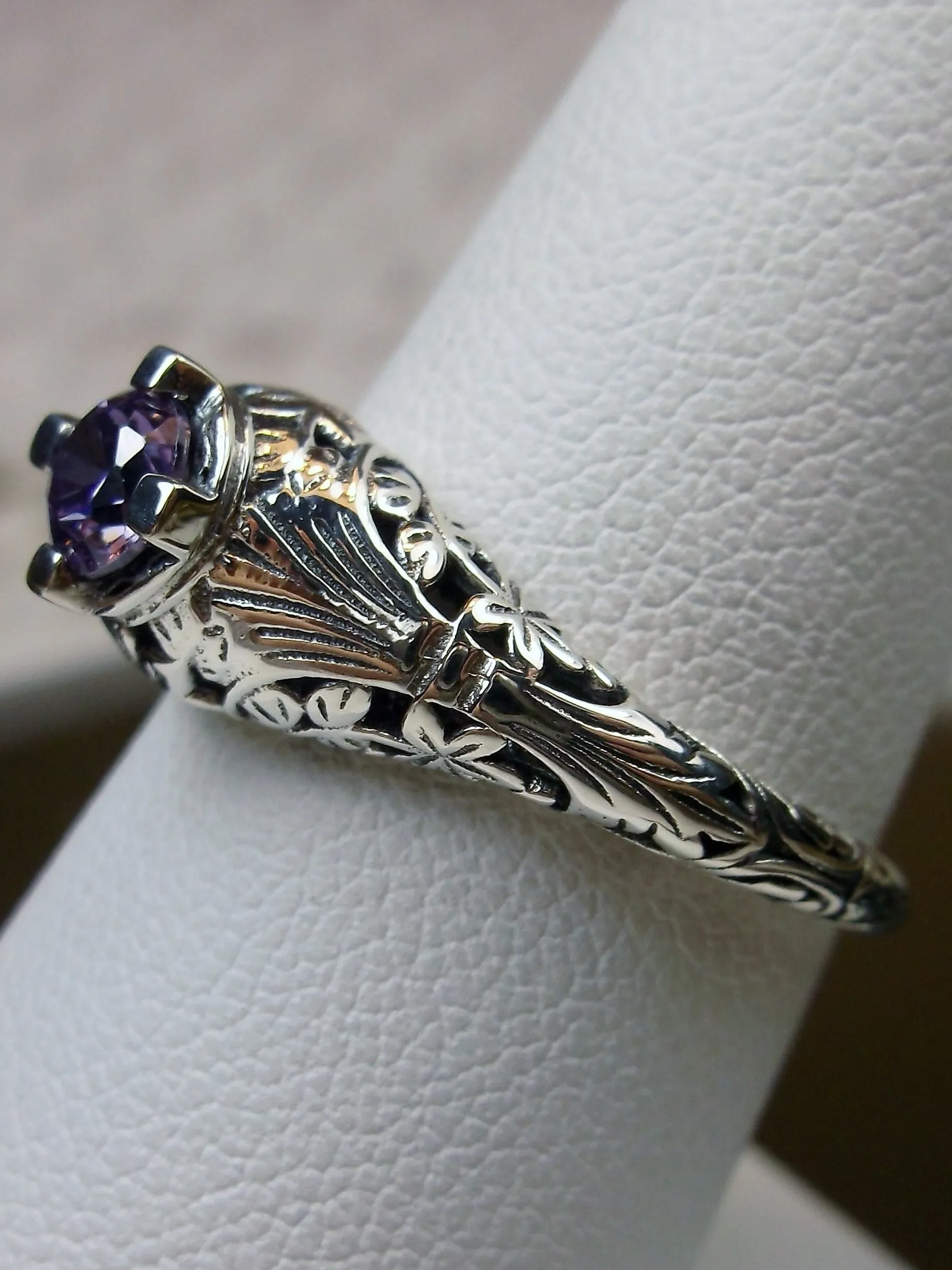 Natural Amethyst Ring, Silver Edwardian Floral Filigree Jewelry #D154
