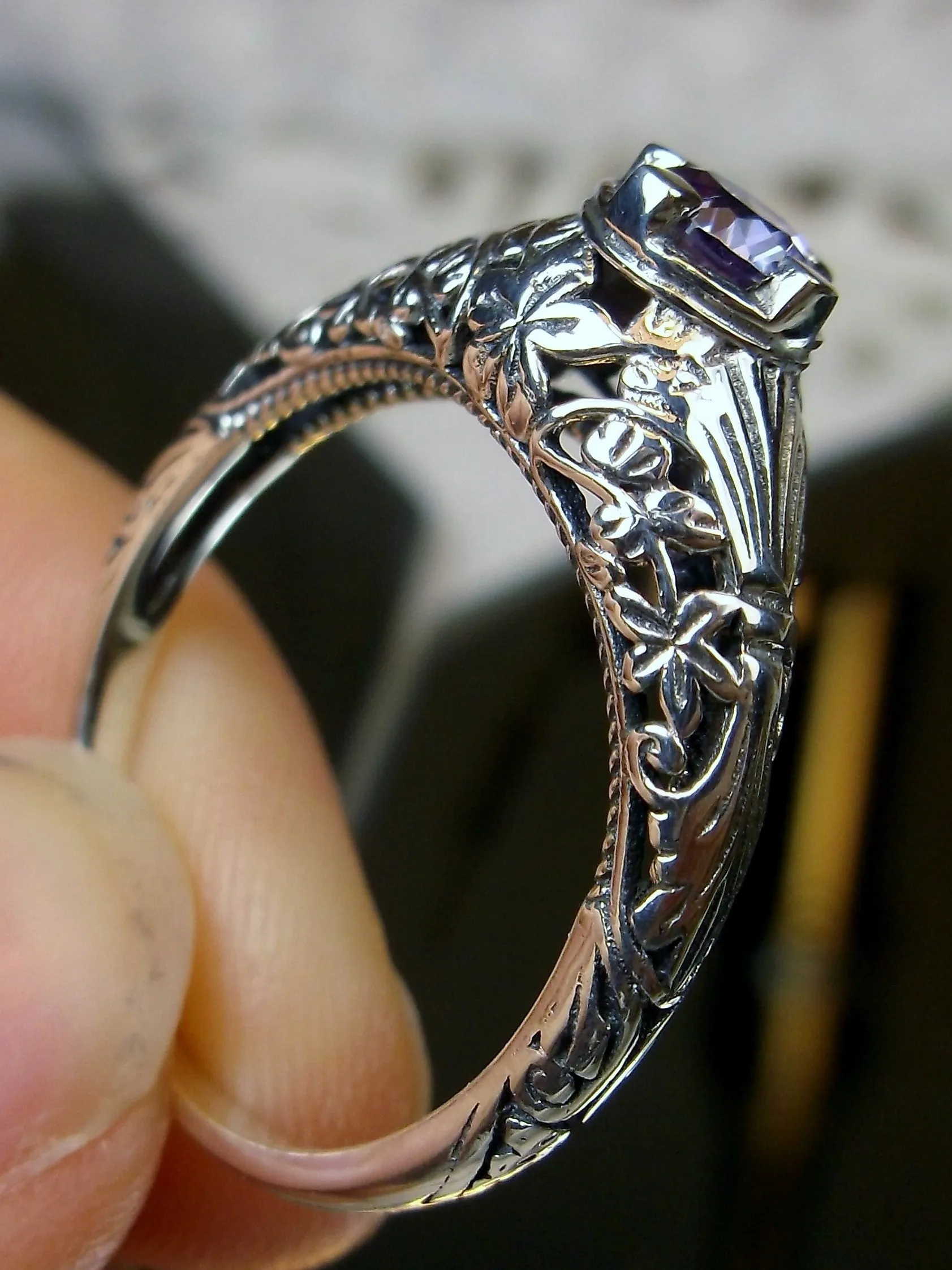 Natural Amethyst Ring, Silver Edwardian Floral Filigree Jewelry #D154