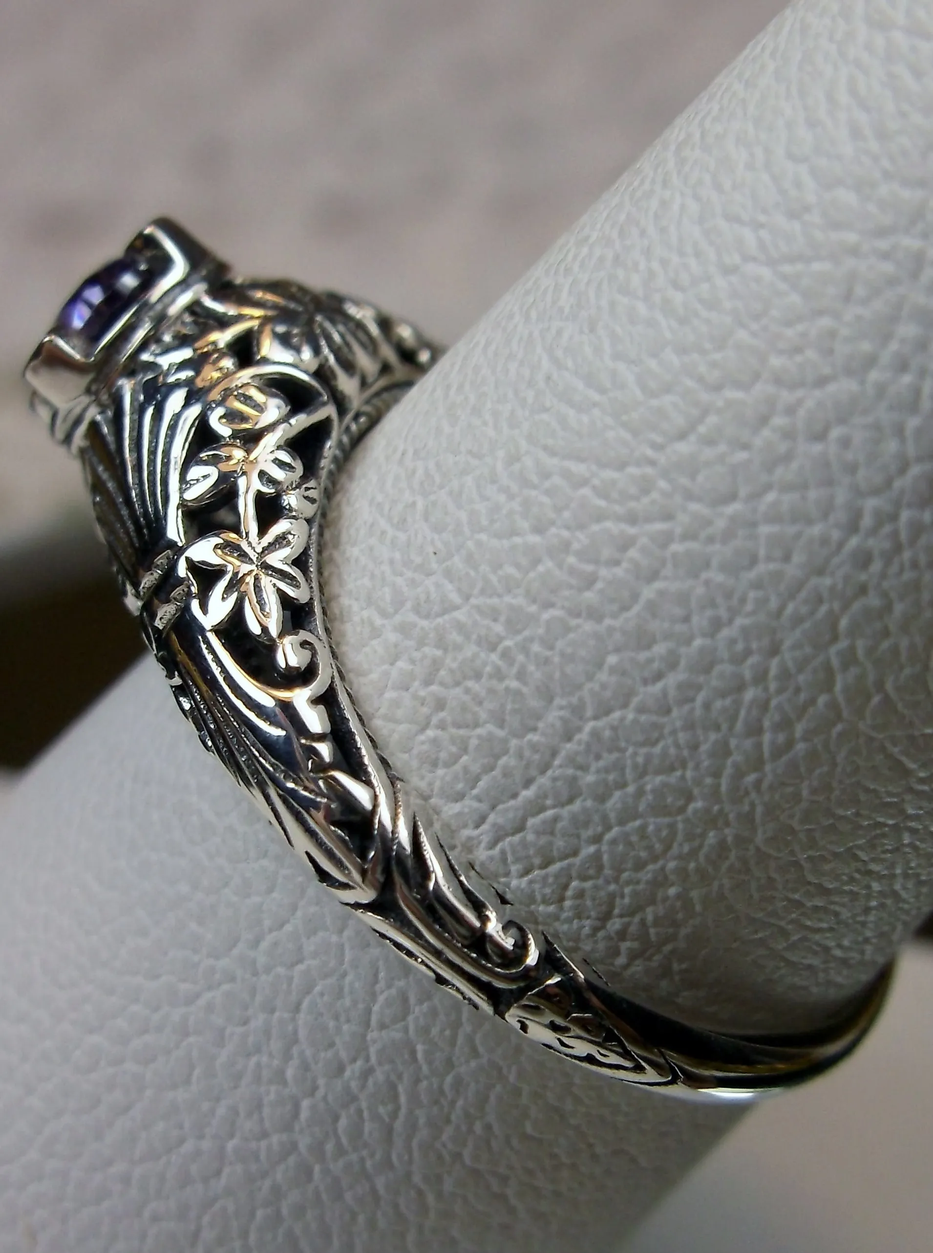 Natural Amethyst Ring, Silver Edwardian Floral Filigree Jewelry #D154