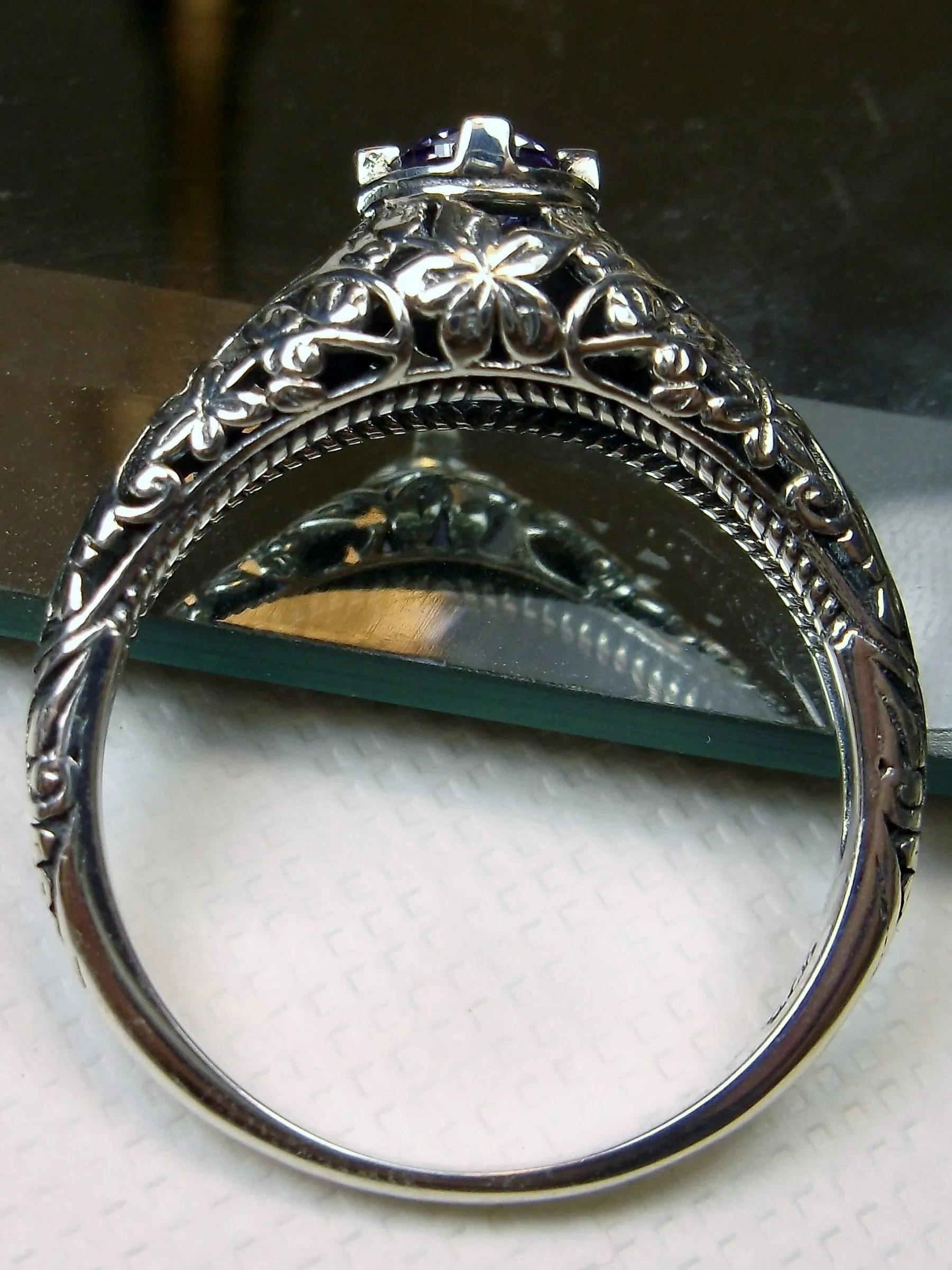 Natural Amethyst Ring, Silver Edwardian Floral Filigree Jewelry #D154