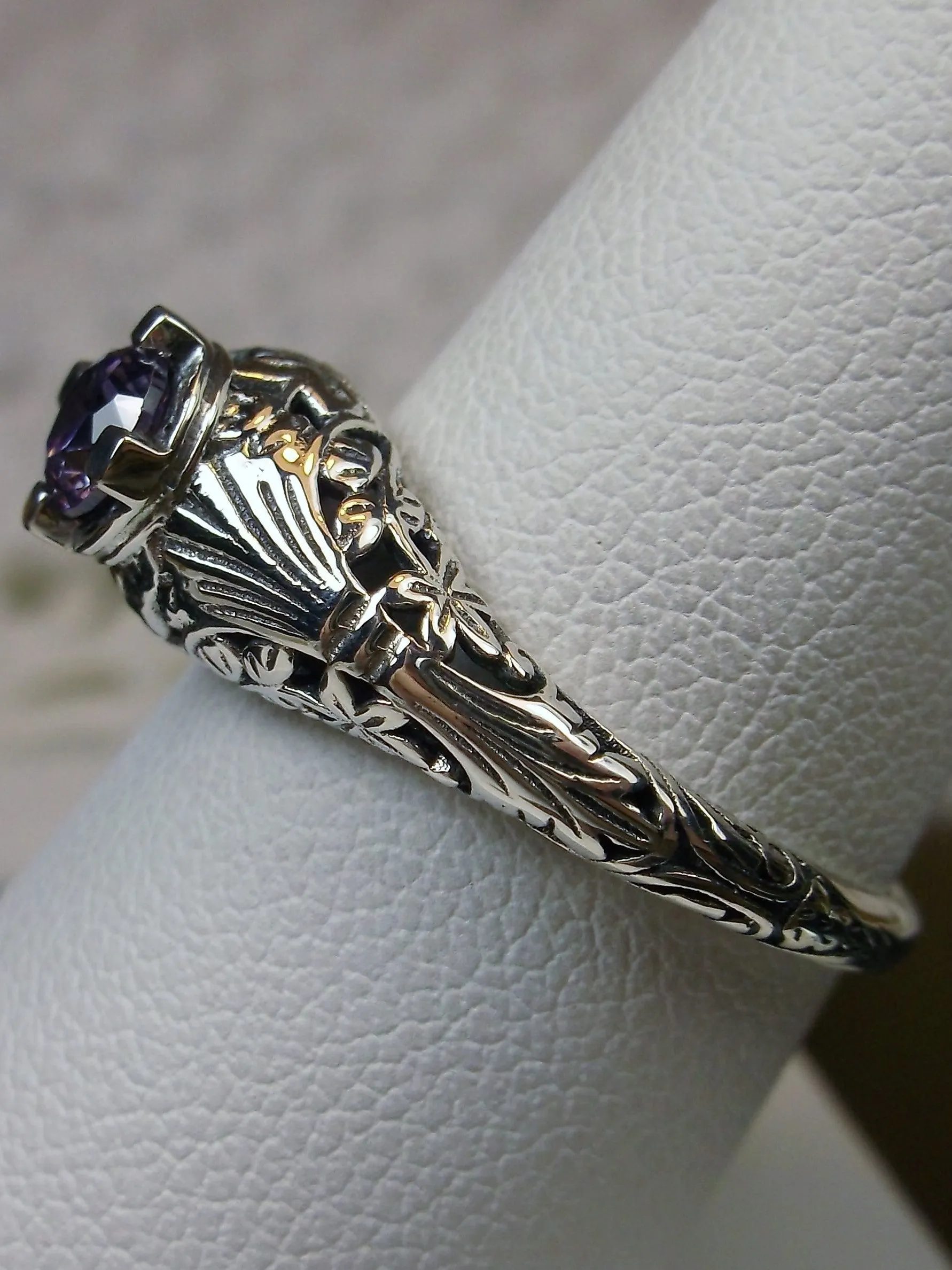 Natural Amethyst Ring, Silver Edwardian Floral Filigree Jewelry #D154