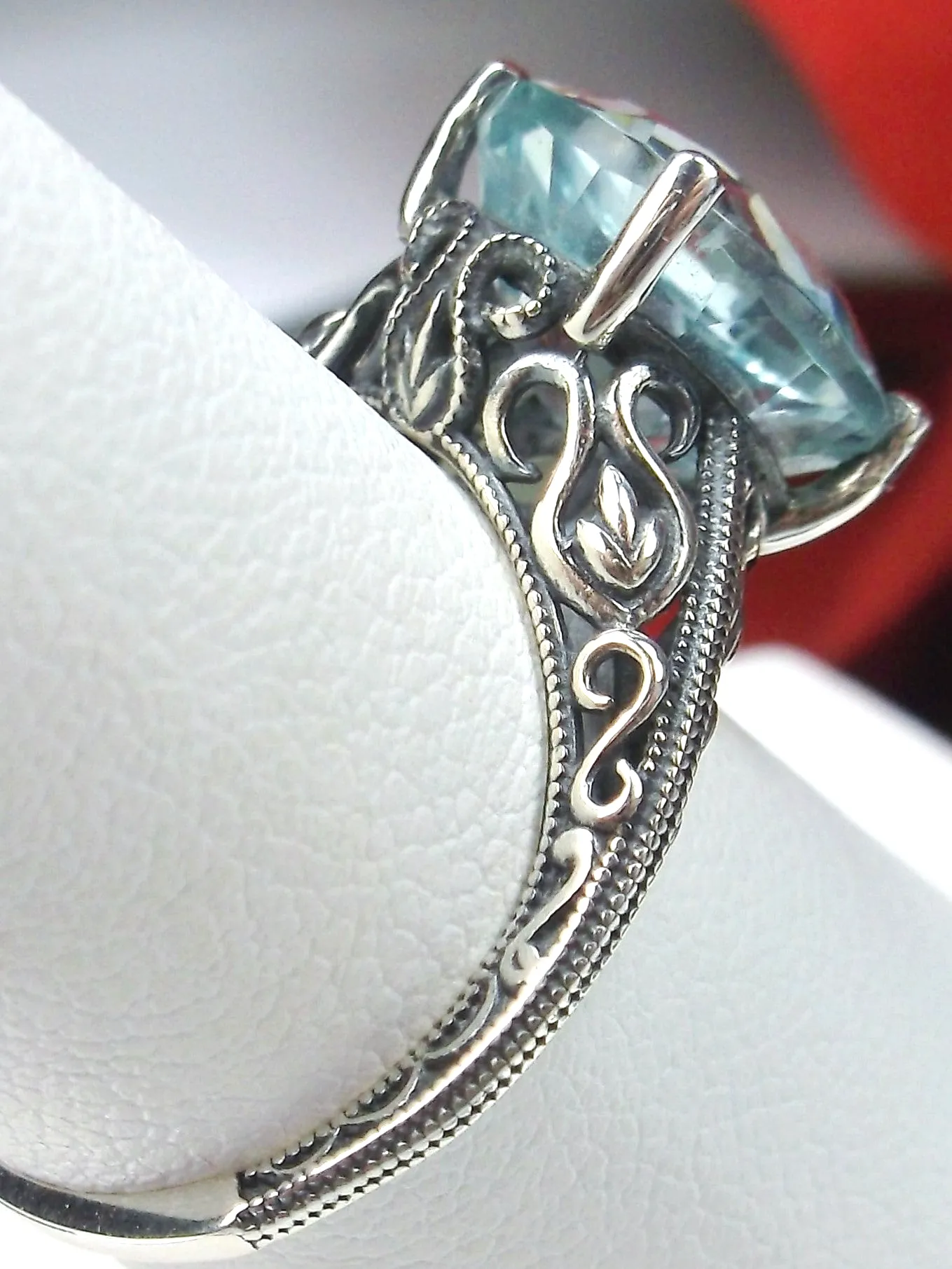Natural Aquamarine Ring, Swan Filigree, Sterling silver, 10k or 14k, Art Deco Jewelry #D190