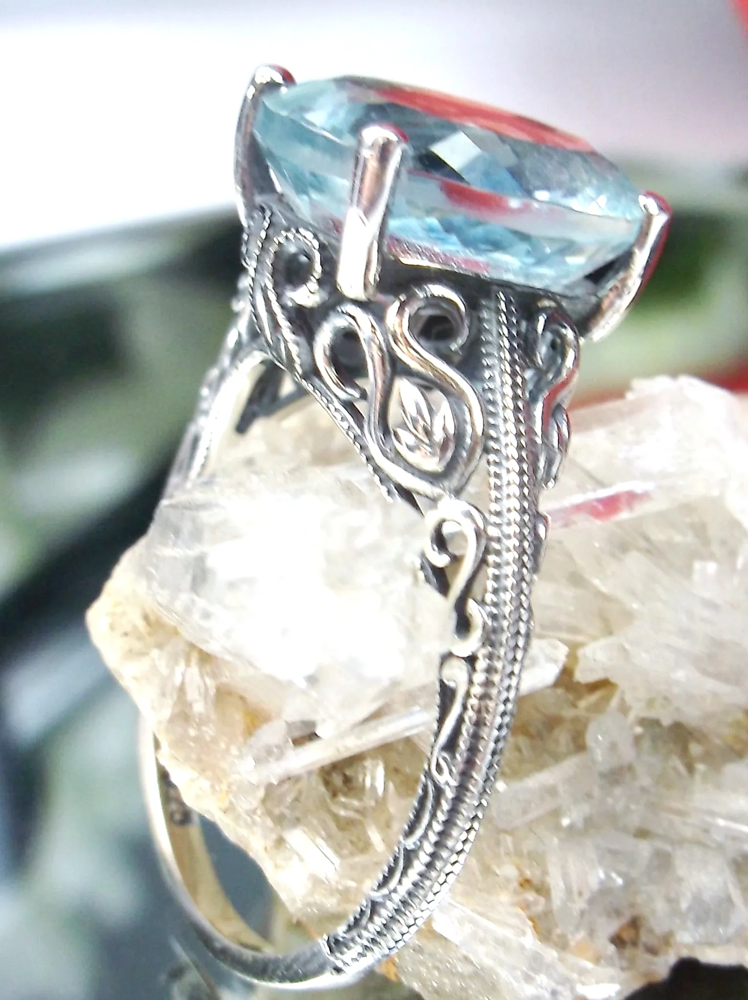 Natural Aquamarine Ring, Swan Filigree, Sterling silver, 10k or 14k, Art Deco Jewelry #D190