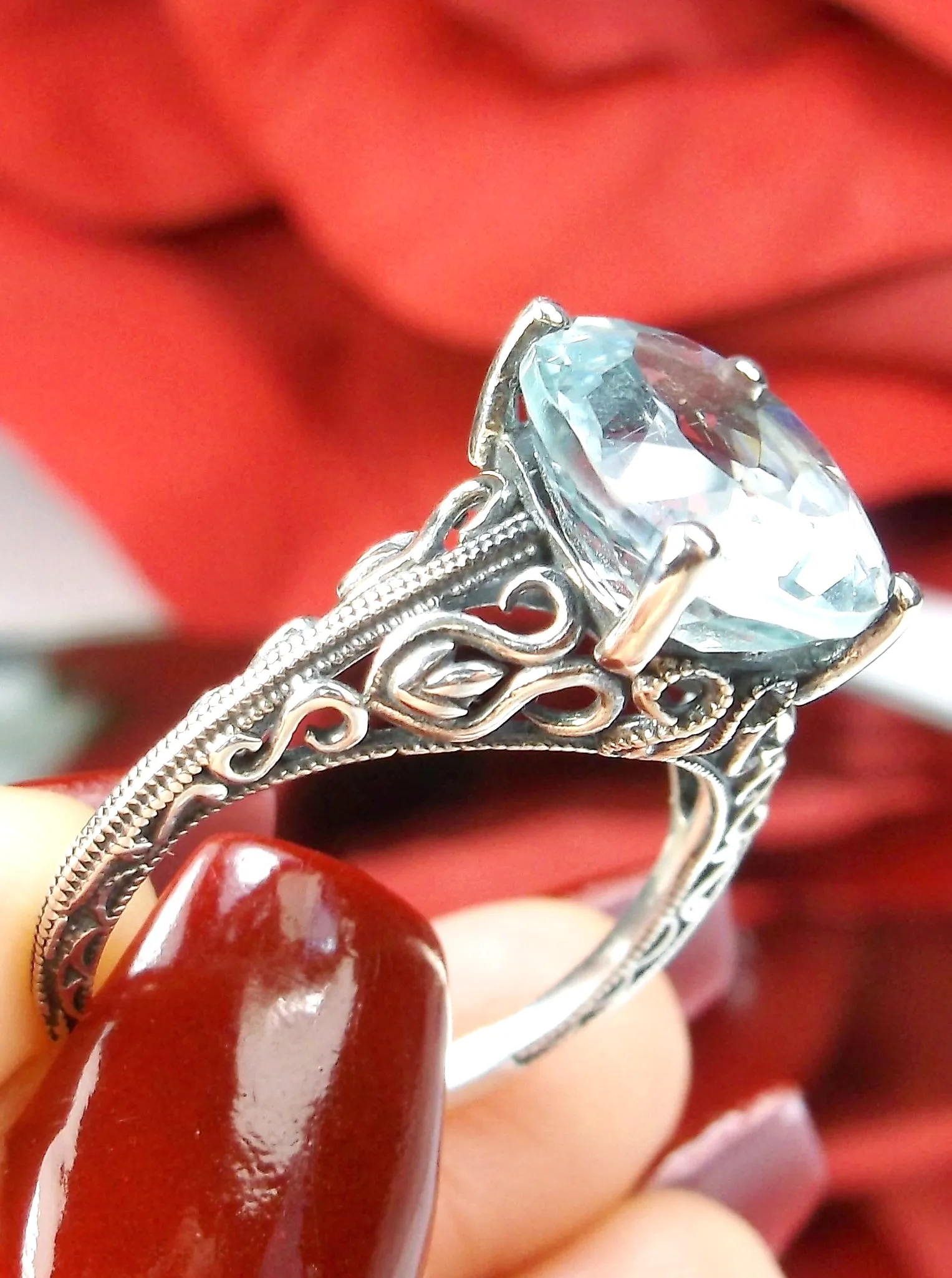 Natural Aquamarine Ring, Swan Filigree, Sterling silver, 10k or 14k, Art Deco Jewelry #D190