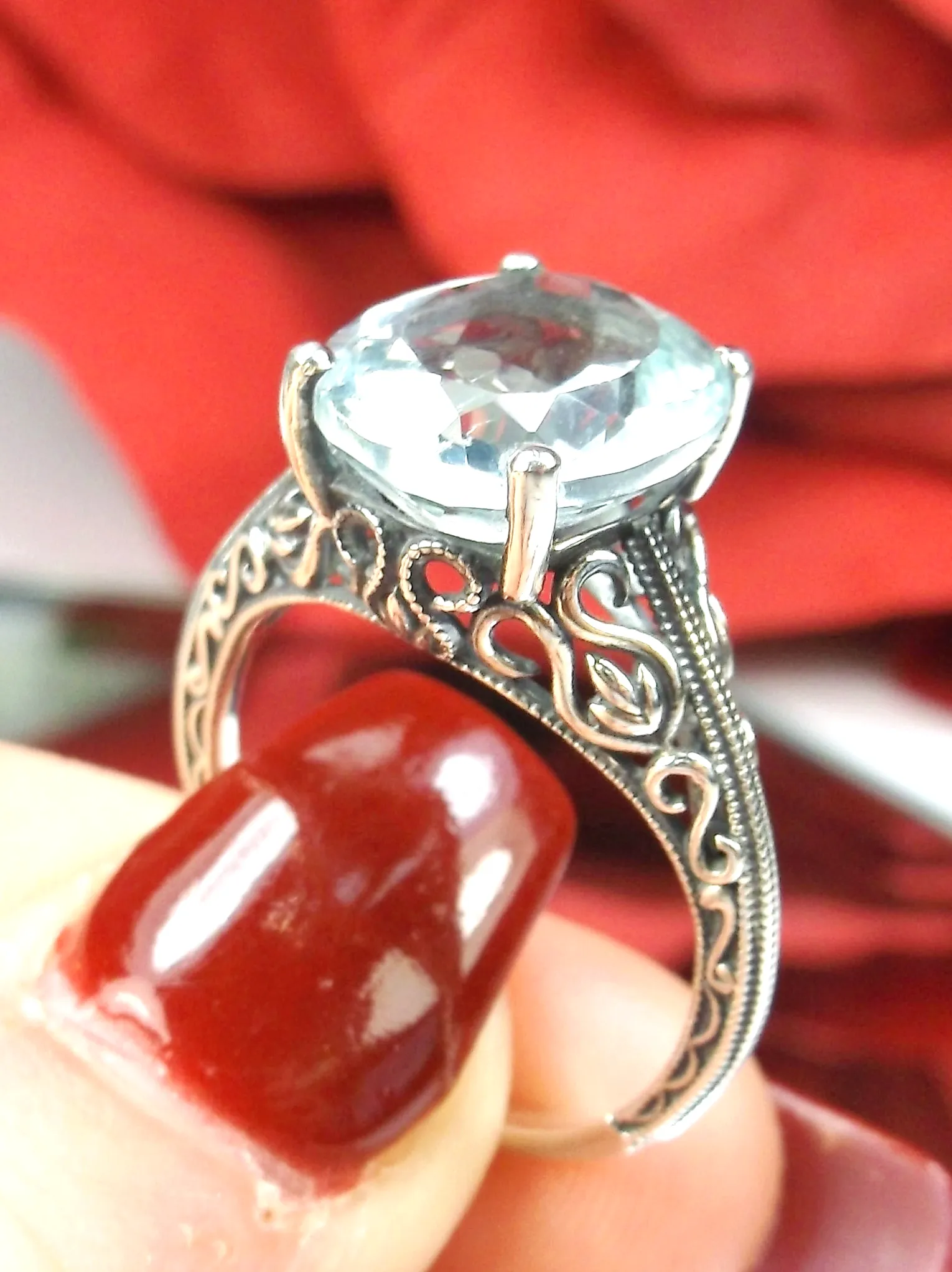 Natural Aquamarine Ring, Swan Filigree, Sterling silver, 10k or 14k, Art Deco Jewelry #D190