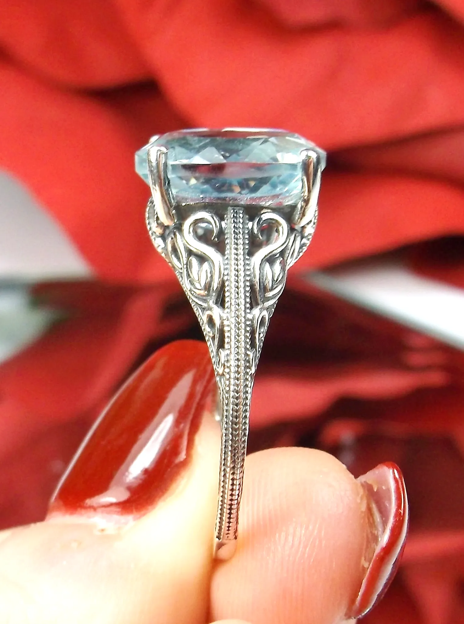 Natural Aquamarine Ring, Swan Filigree, Sterling silver, 10k or 14k, Art Deco Jewelry #D190