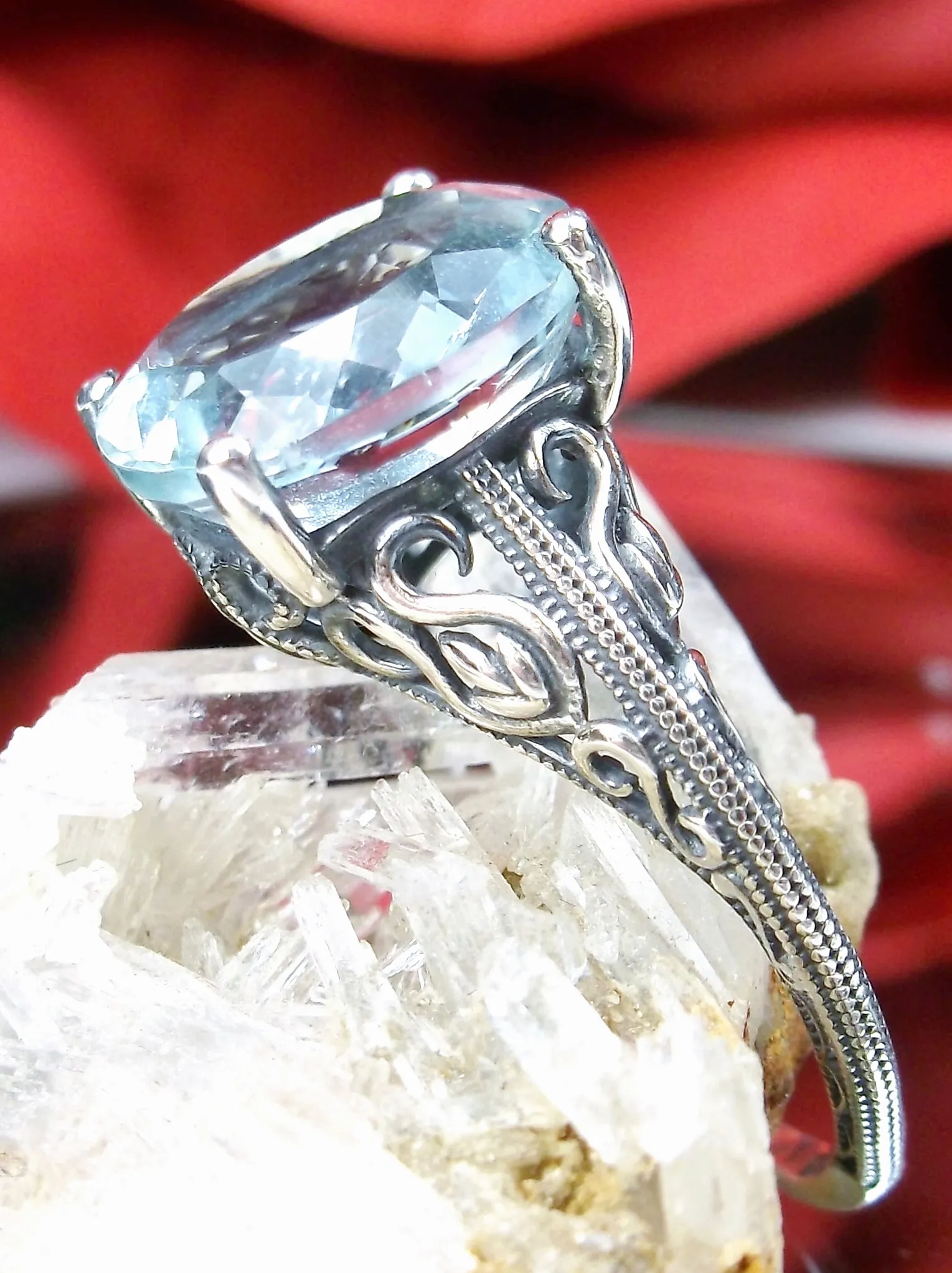 Natural Aquamarine Ring, Swan Filigree, Sterling silver, 10k or 14k, Art Deco Jewelry #D190