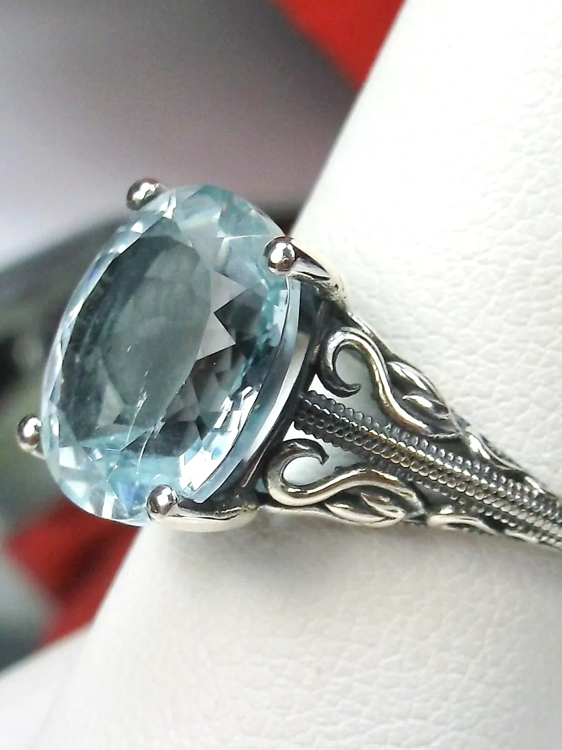 Natural Aquamarine Ring, Swan Filigree, Sterling silver, 10k or 14k, Art Deco Jewelry #D190