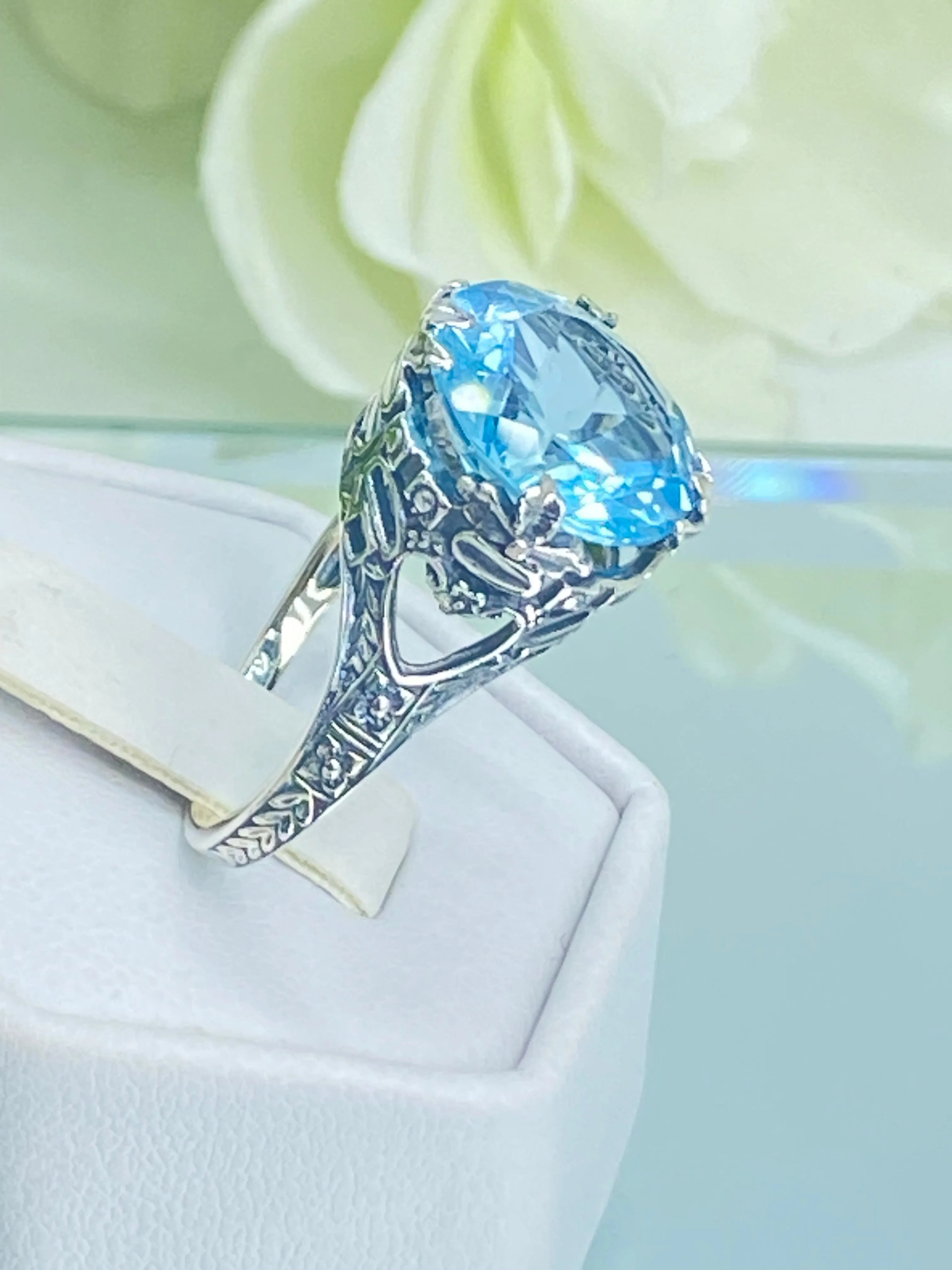 Natural Blue Topaz Ring, Size 9, Princess Sterling Silver Filigree Victorian Jewelry #D29 - Ready to Ship