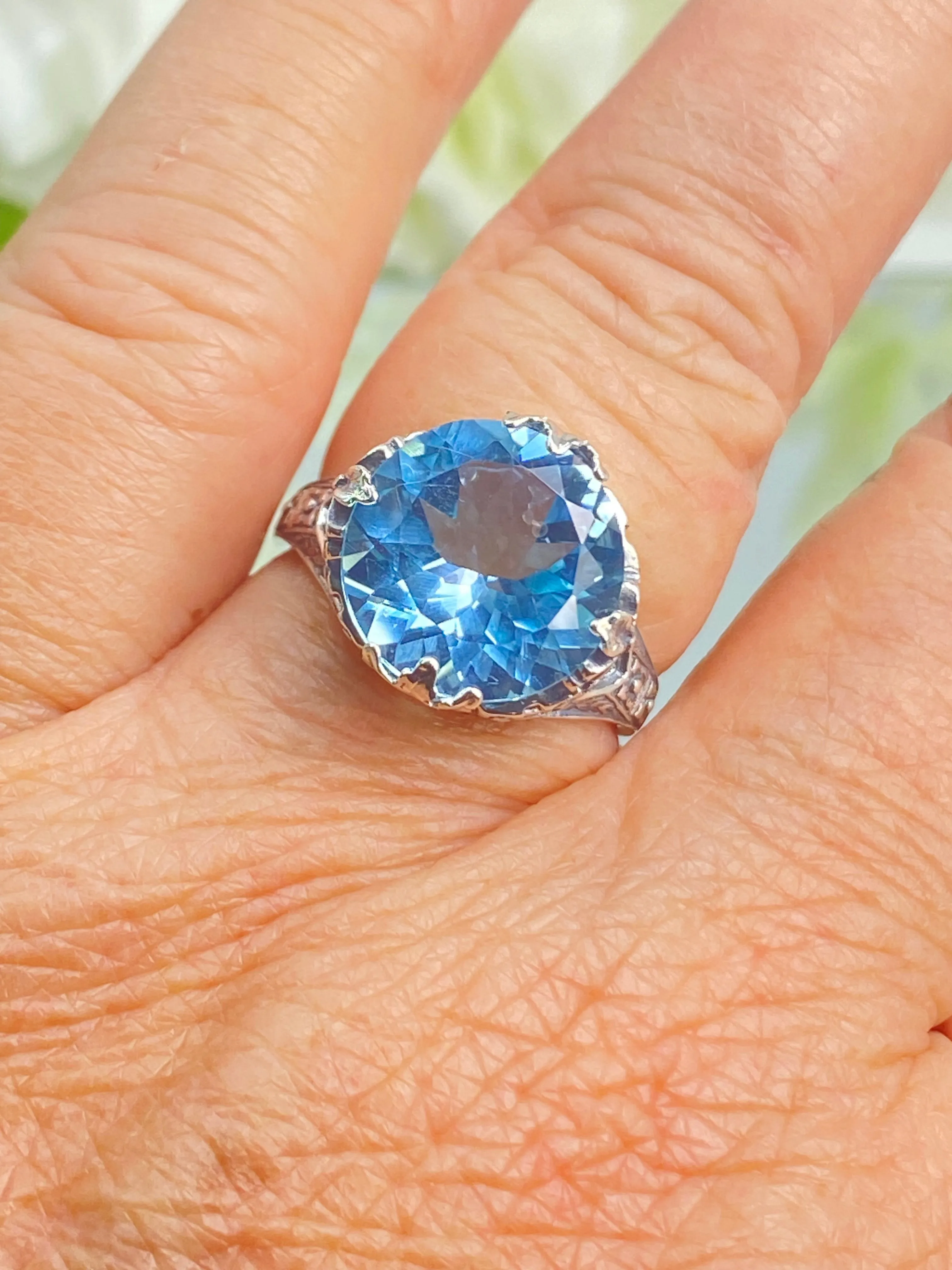 Natural Blue Topaz Ring, Size 9, Princess Sterling Silver Filigree Victorian Jewelry #D29 - Ready to Ship