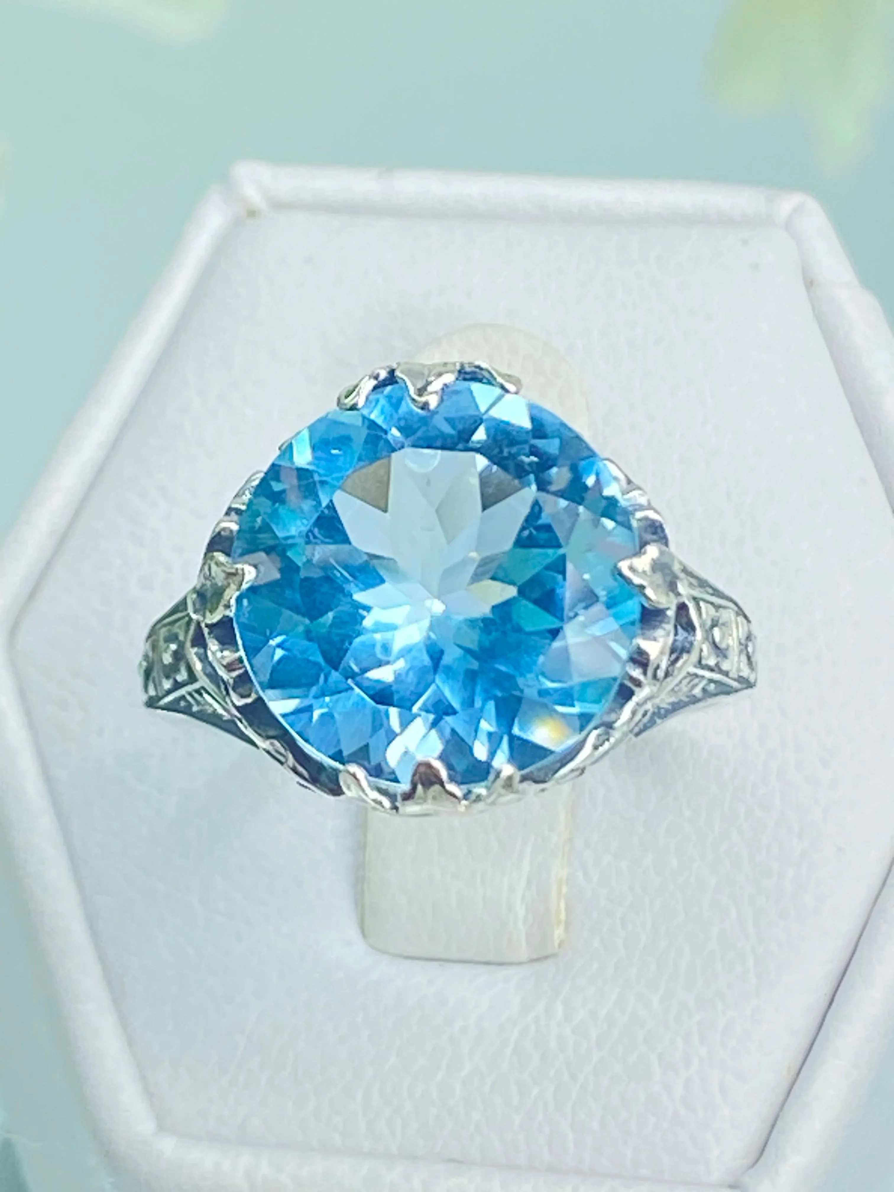 Natural Blue Topaz Ring, Size 9, Princess Sterling Silver Filigree Victorian Jewelry #D29 - Ready to Ship
