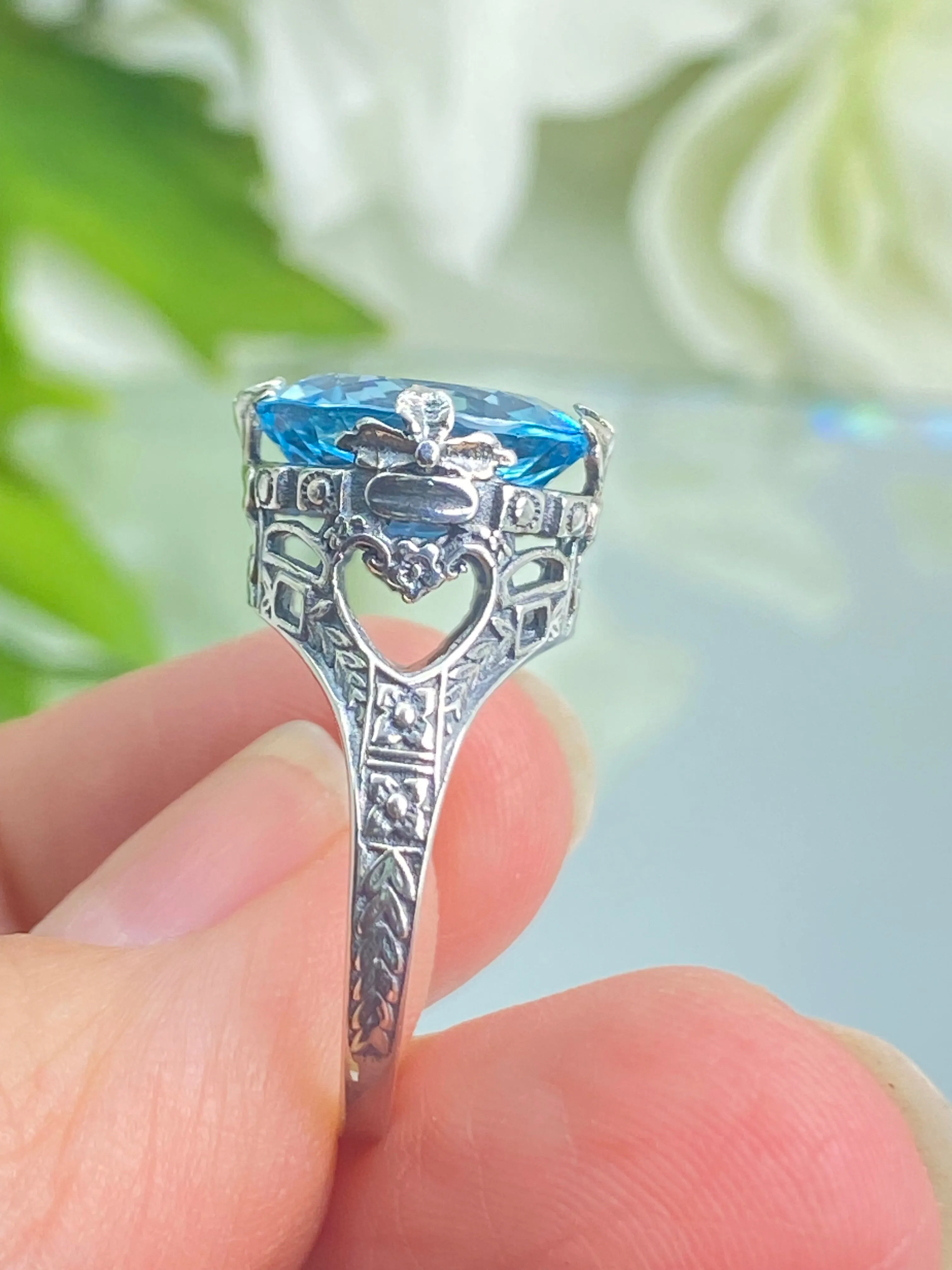 Natural Blue Topaz Ring, Size 9, Princess Sterling Silver Filigree Victorian Jewelry #D29 - Ready to Ship