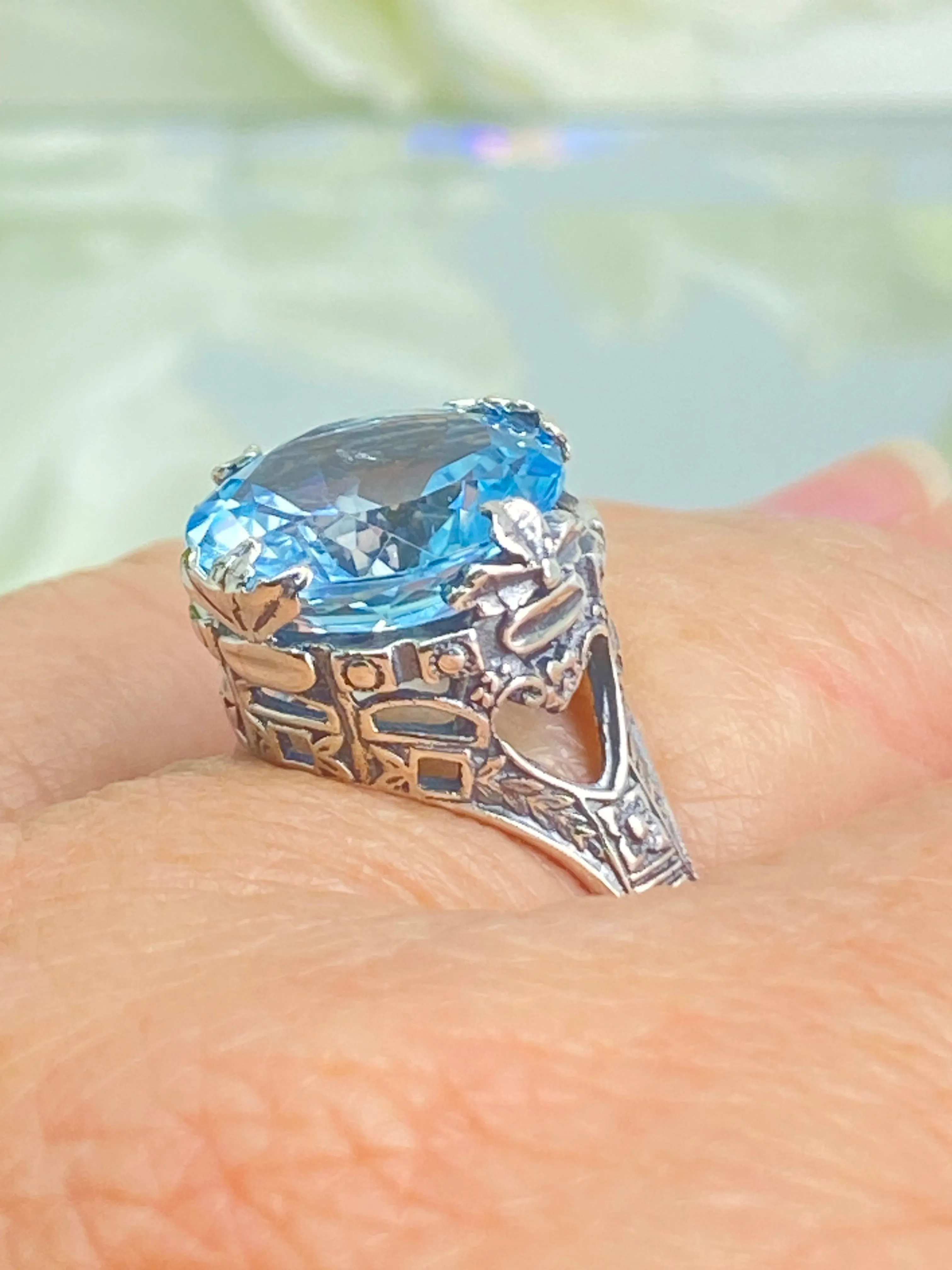 Natural Blue Topaz Ring, Size 9, Princess Sterling Silver Filigree Victorian Jewelry #D29 - Ready to Ship