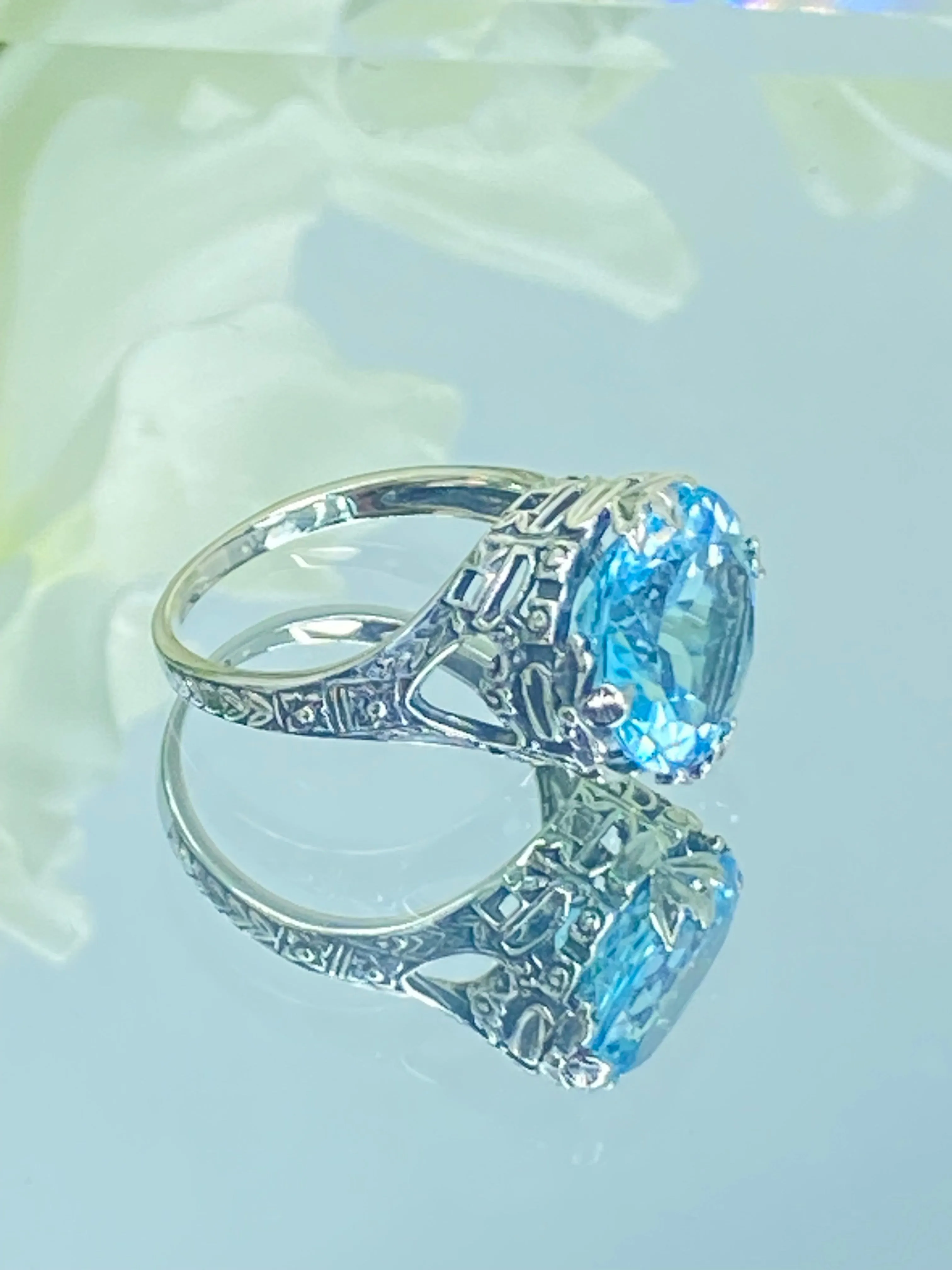 Natural Blue Topaz Ring, Size 9, Princess Sterling Silver Filigree Victorian Jewelry #D29 - Ready to Ship