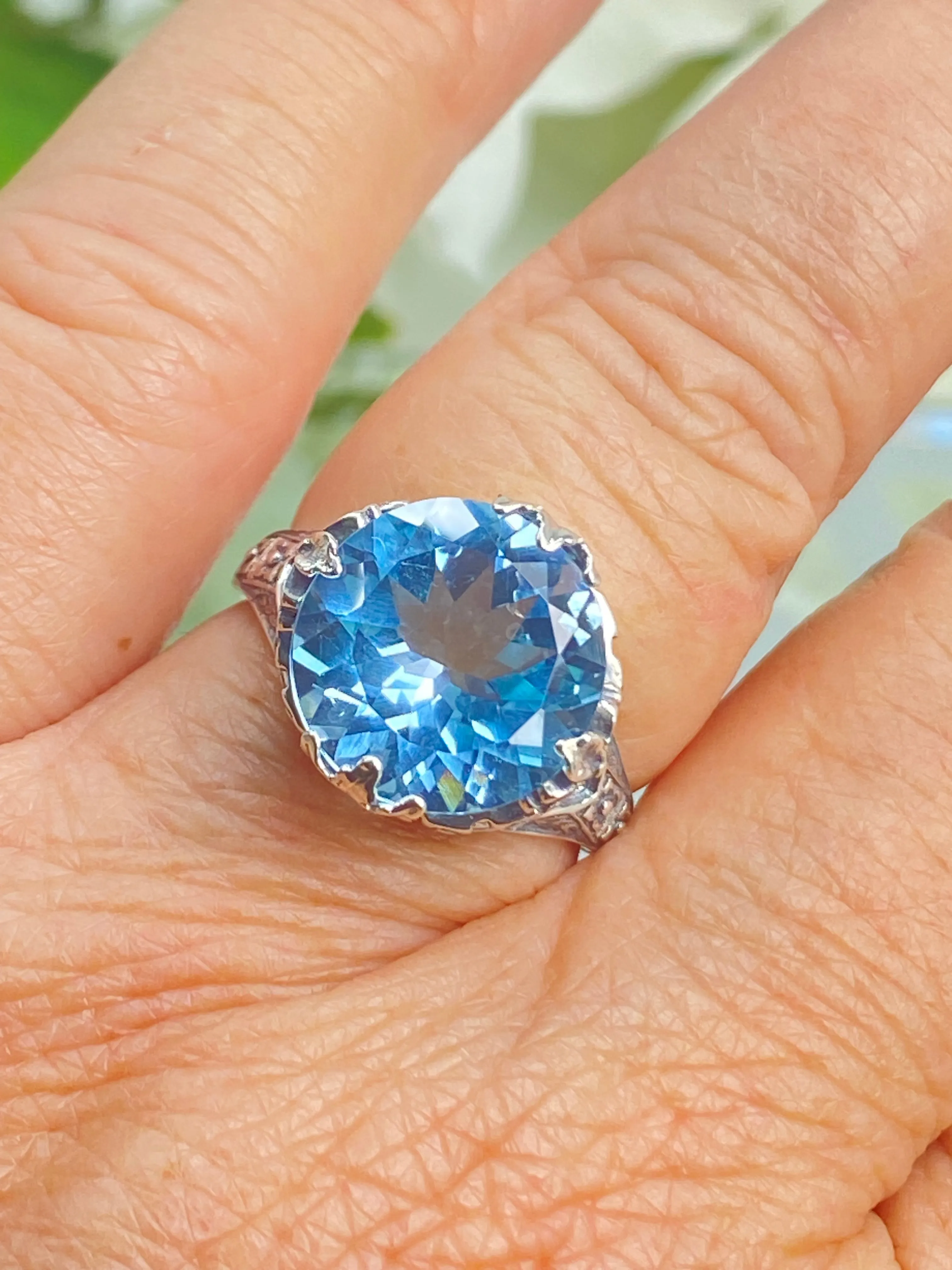 Natural Blue Topaz Ring, Size 9, Princess Sterling Silver Filigree Victorian Jewelry #D29 - Ready to Ship