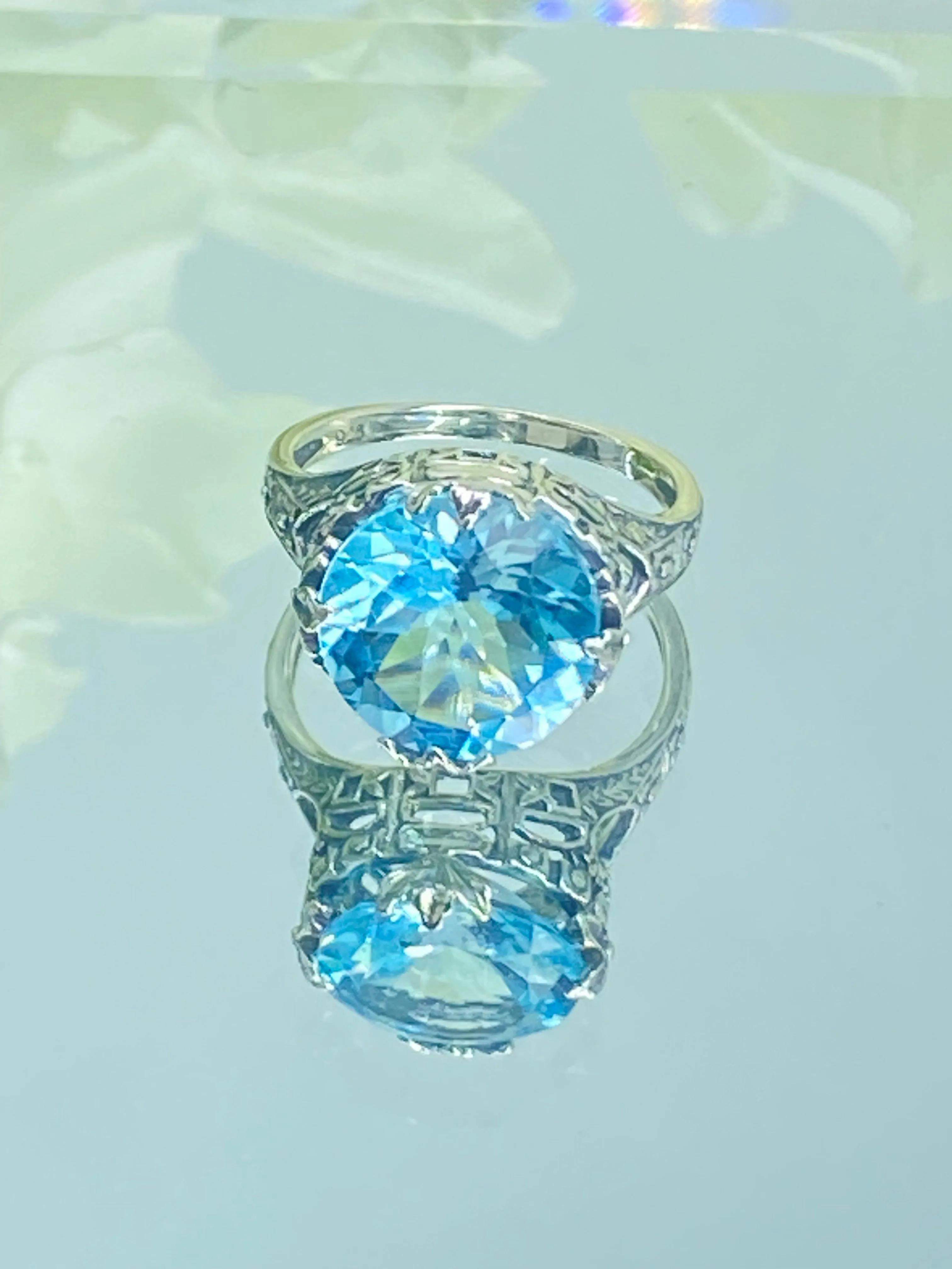 Natural Blue Topaz Ring, Size 9, Princess Sterling Silver Filigree Victorian Jewelry #D29 - Ready to Ship
