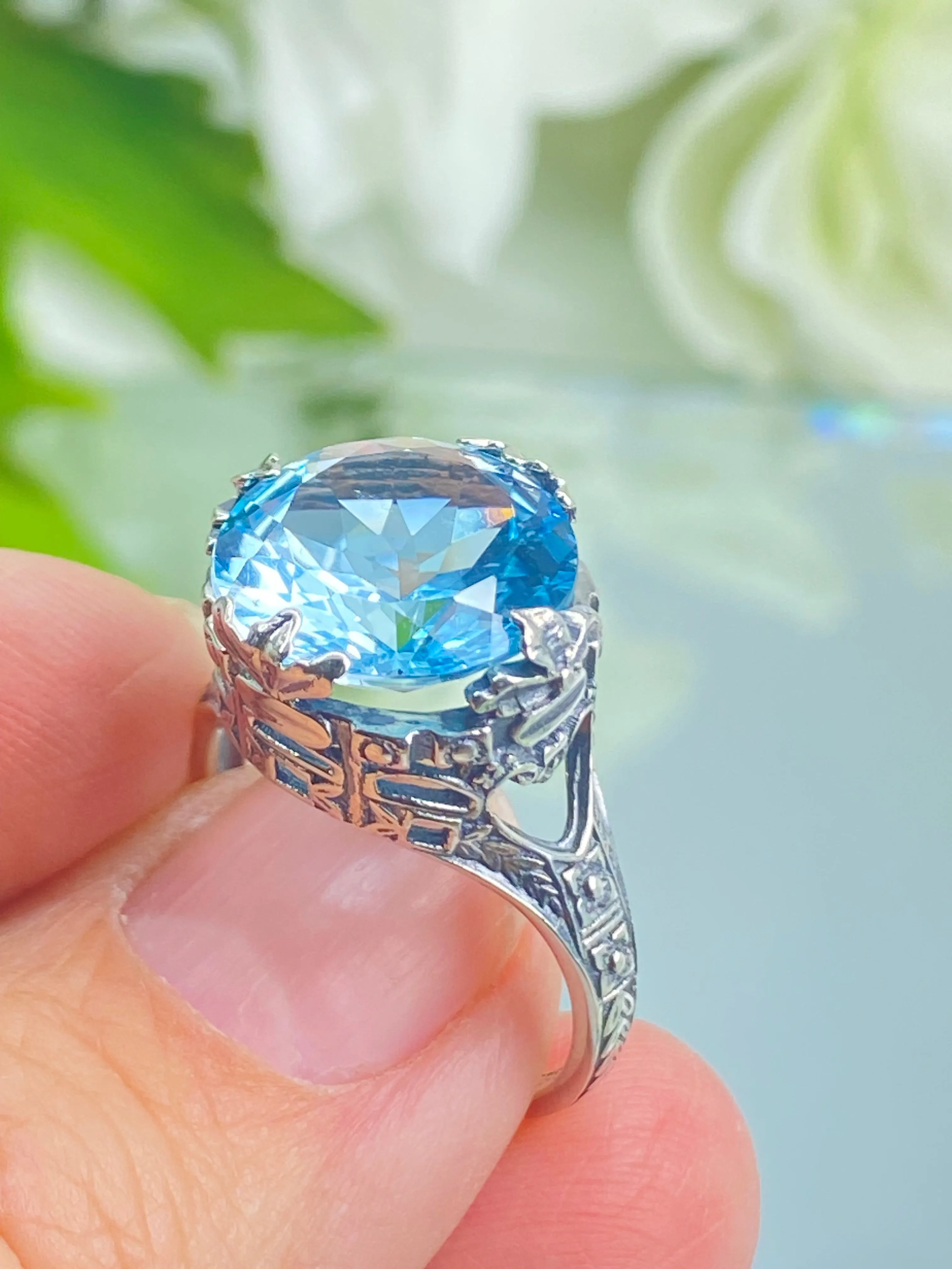 Natural Blue Topaz Ring, Size 9, Princess Sterling Silver Filigree Victorian Jewelry #D29 - Ready to Ship