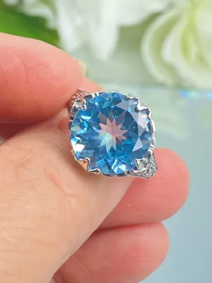 Natural Blue Topaz Ring, Size 9, Princess Sterling Silver Filigree Victorian Jewelry #D29 - Ready to Ship