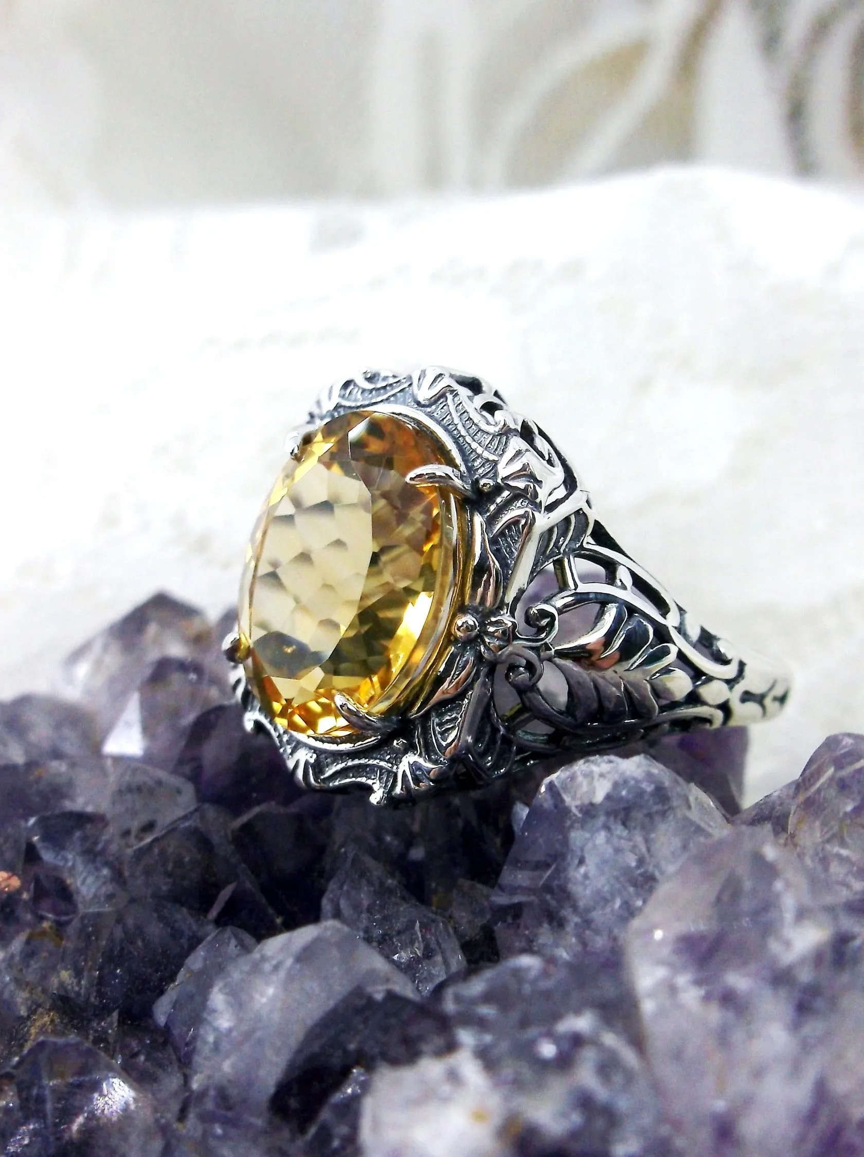 Natural Citrine Ring, Beauty Ring, Yellow Natural Gemstone, Oval Art Nouveau Filigree Ring, D229