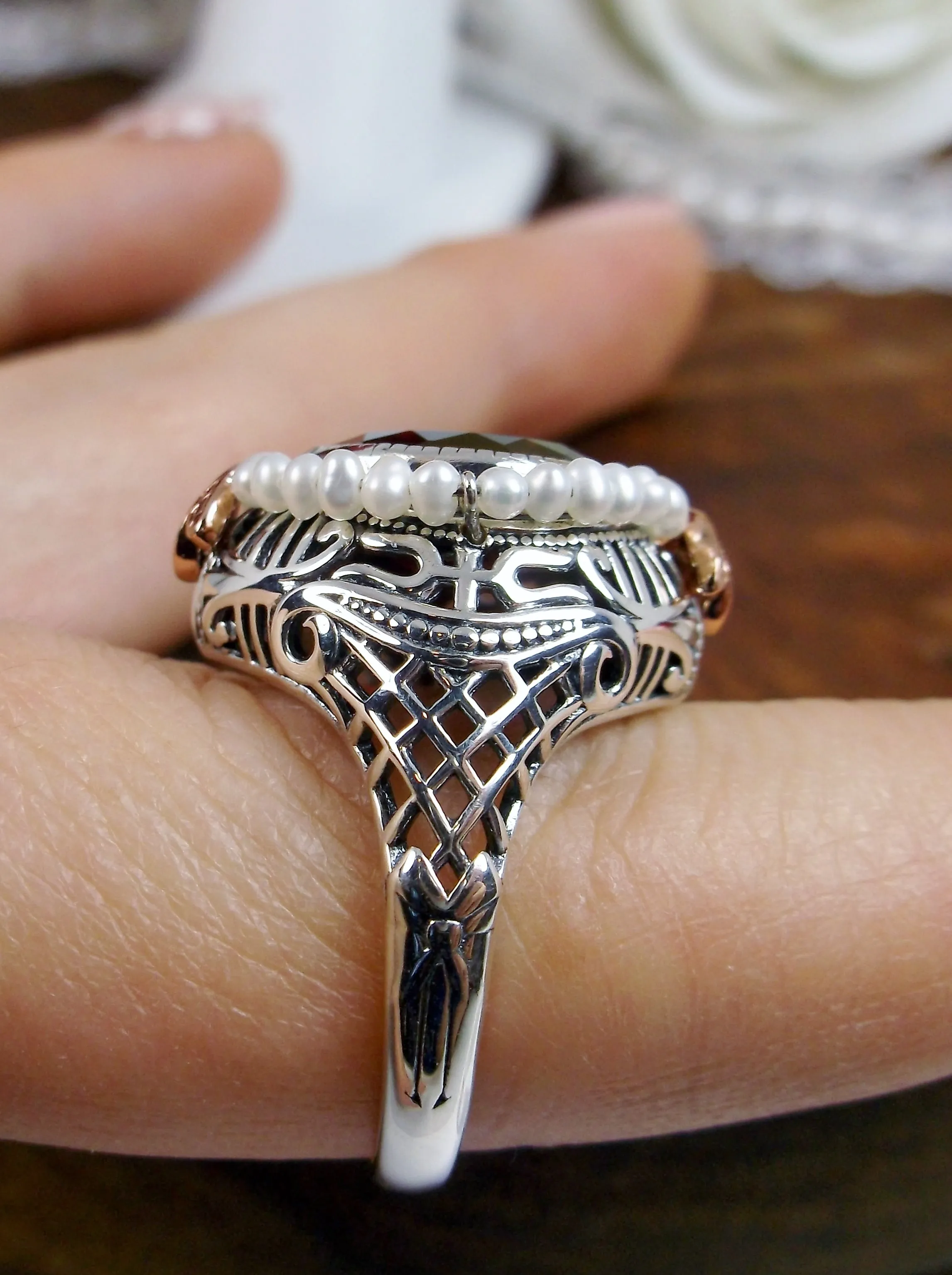 Natural Garnet & Seed Pearl Ring, Victorian Filigree Jewelry #D238