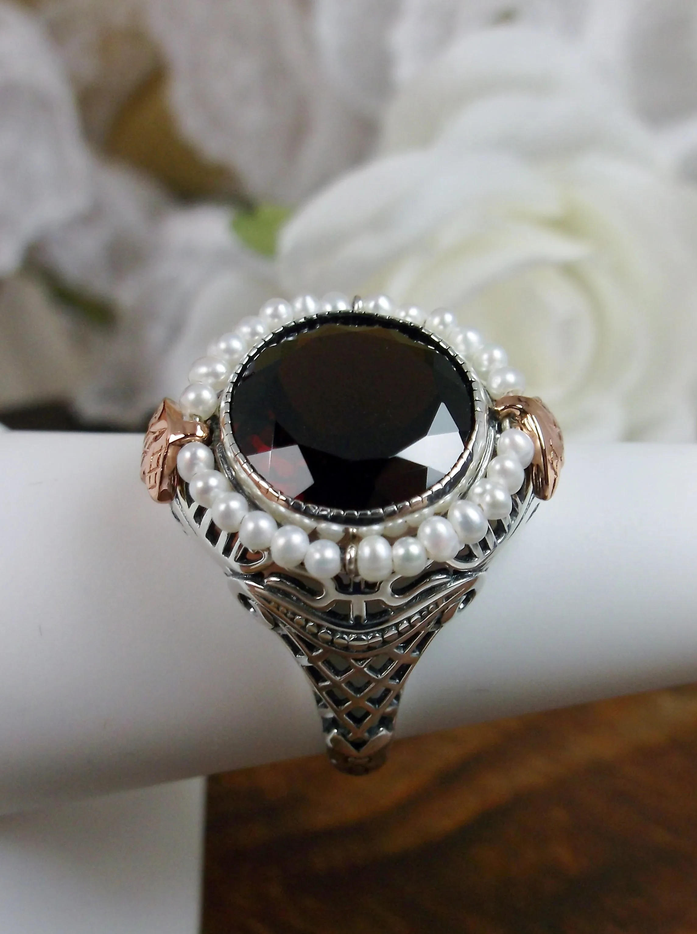 Natural Garnet & Seed Pearl Ring, Victorian Filigree Jewelry #D238