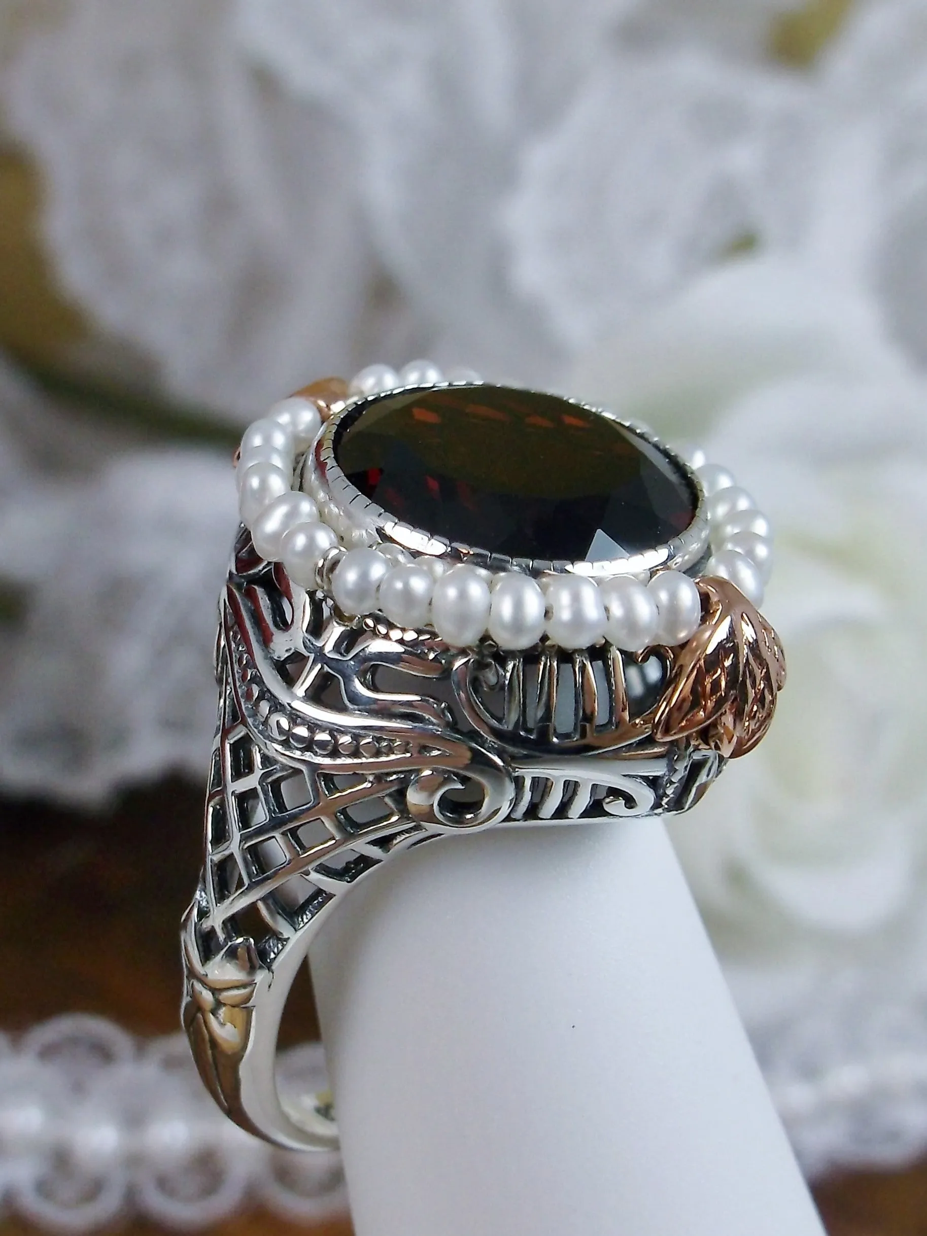 Natural Garnet & Seed Pearl Ring, Victorian Filigree Jewelry #D238