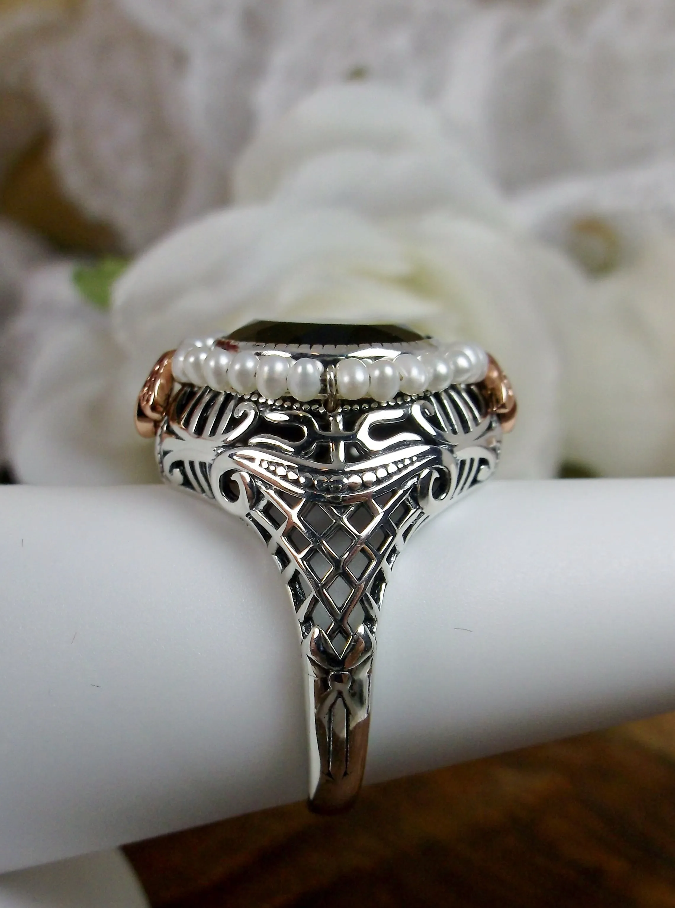 Natural Garnet & Seed Pearl Ring, Victorian Filigree Jewelry #D238