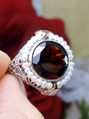 Natural Garnet & Seed Pearl Ring, Victorian Filigree Jewelry #D238