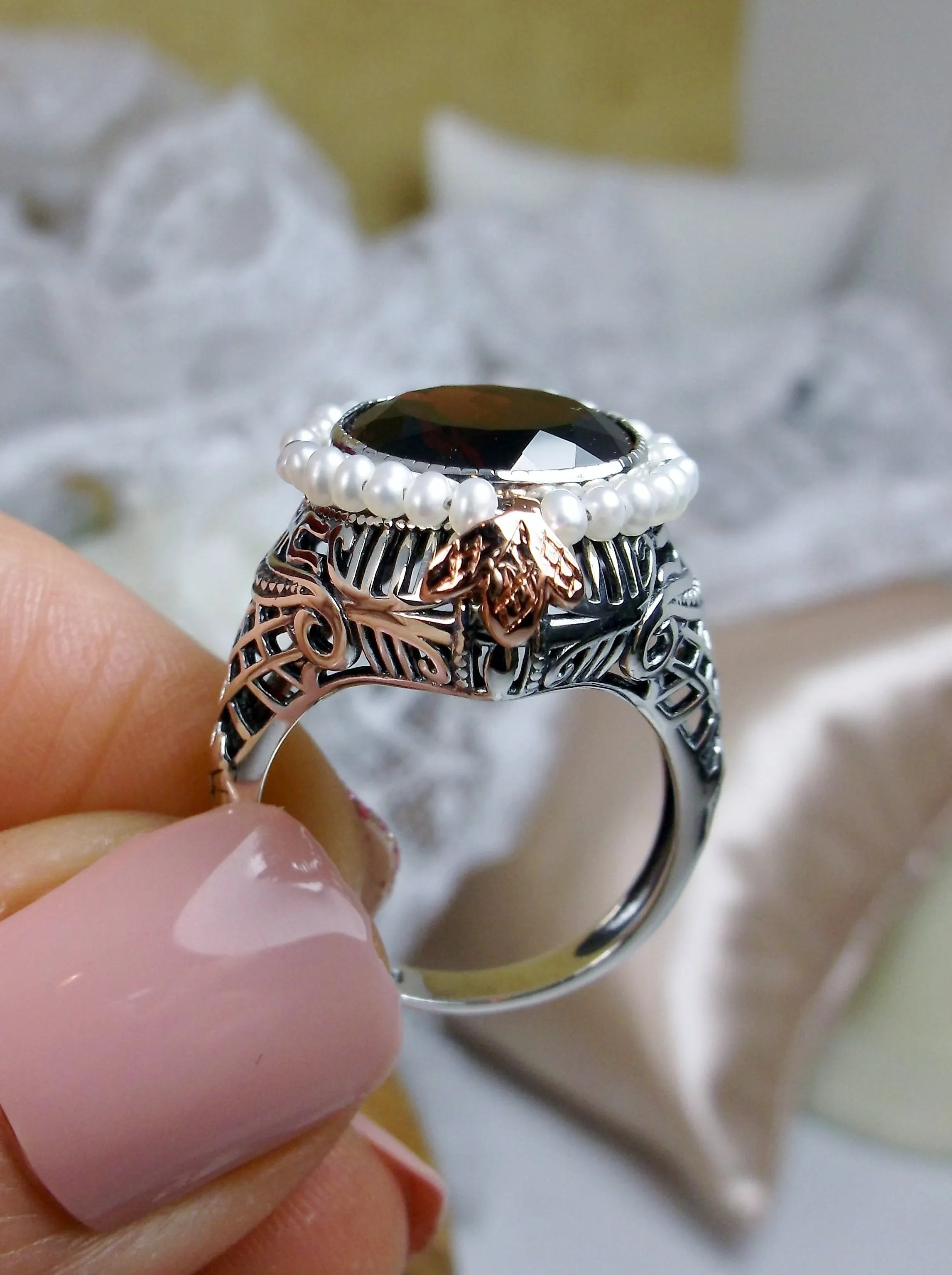 Natural Garnet & Seed Pearl Ring, Victorian Filigree Jewelry #D238