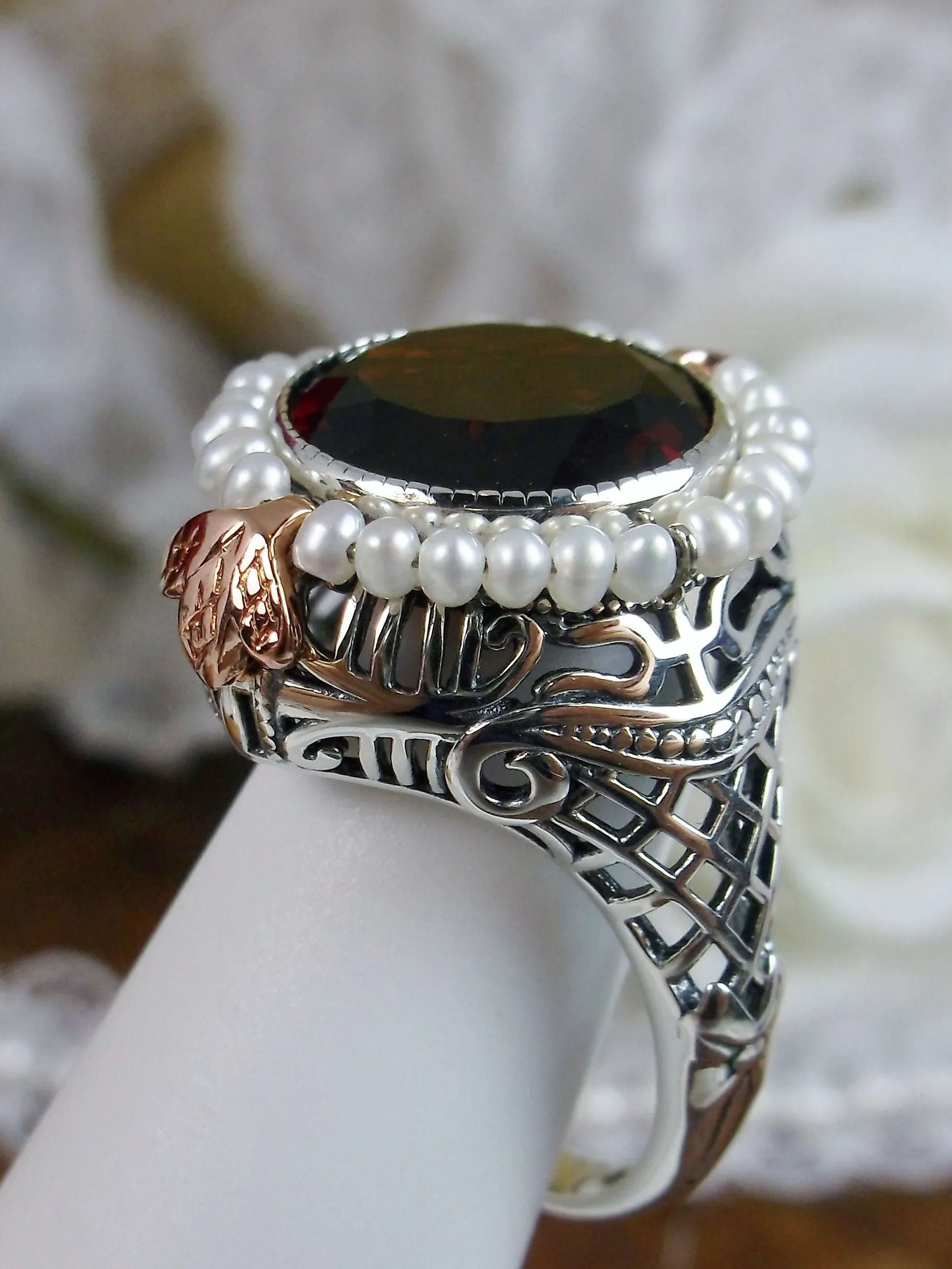 Natural Garnet & Seed Pearl Ring, Victorian Filigree Jewelry #D238
