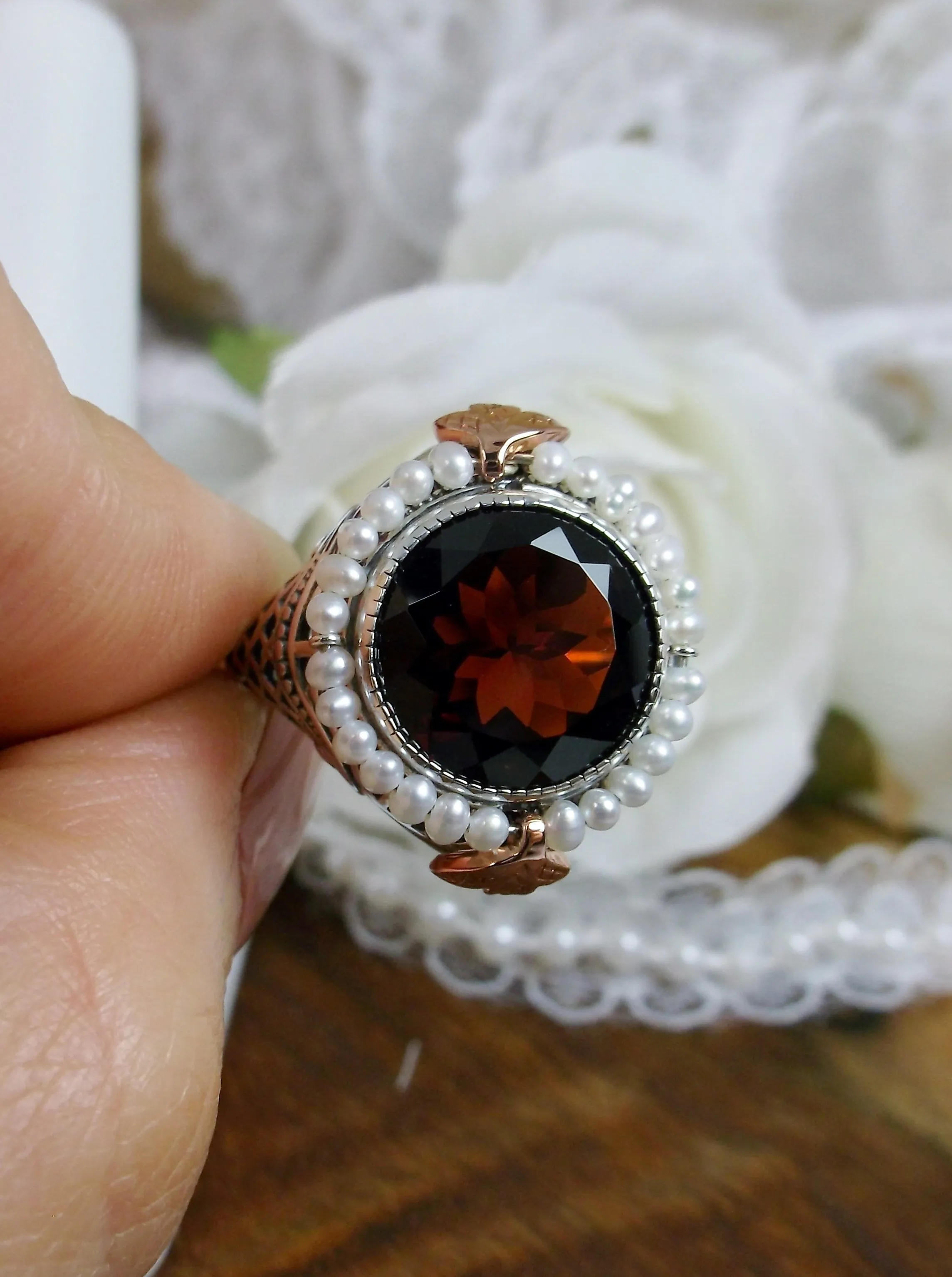 Natural Garnet & Seed Pearl Ring, Victorian Filigree Jewelry #D238