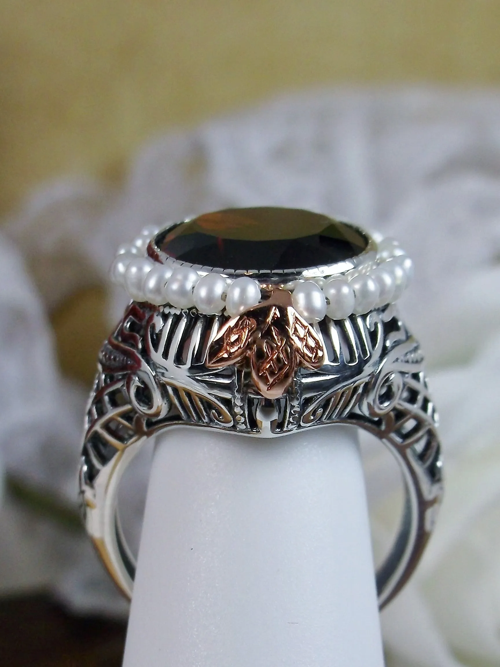 Natural Garnet & Seed Pearl Ring, Victorian Filigree Jewelry #D238