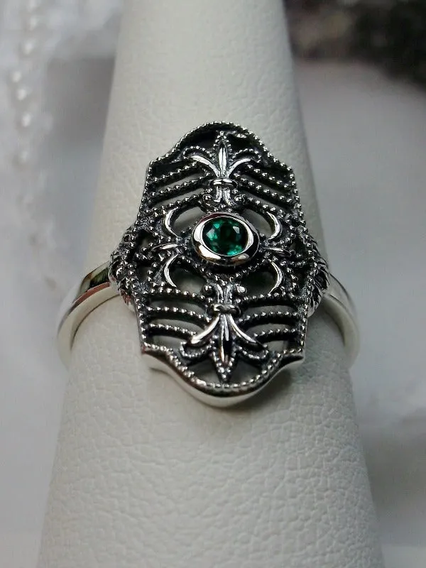 Natural Green Emerald Ring, Fleur de Lis Jewelry, Art Deco Vintage Jewelry #D216