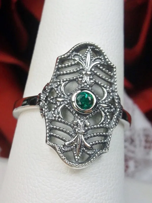 Natural Green Emerald Ring, Fleur de Lis Jewelry, Art Deco Vintage Jewelry #D216