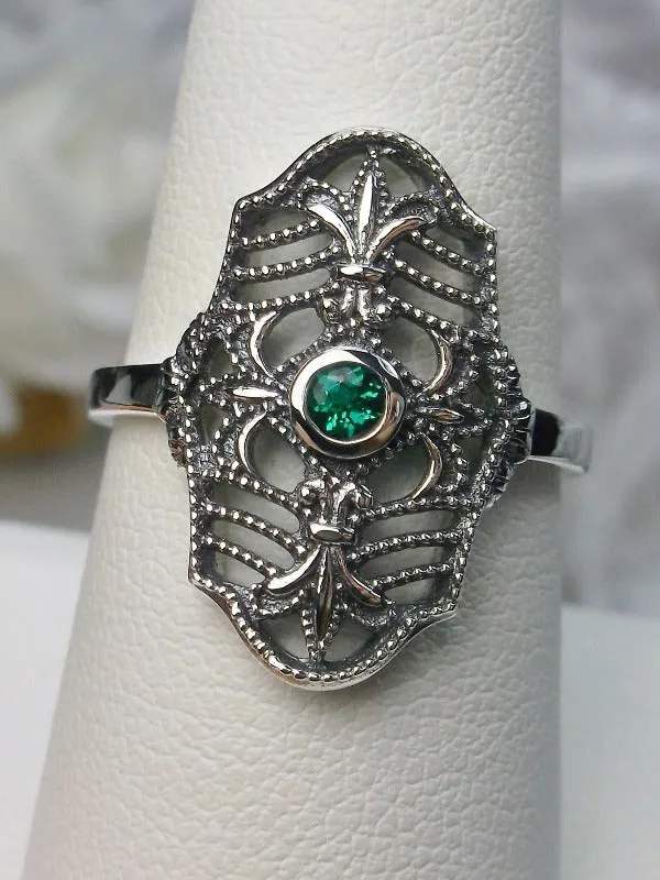 Natural Green Emerald Ring, Fleur de Lis Jewelry, Art Deco Vintage Jewelry #D216