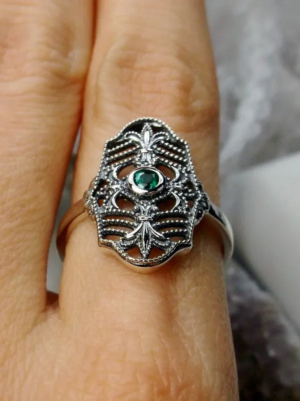 Natural Green Emerald Ring, Fleur de Lis Jewelry, Art Deco Vintage Jewelry #D216