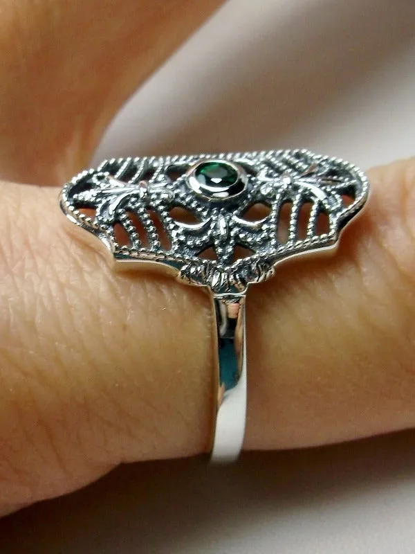 Natural Green Emerald Ring, Fleur de Lis Jewelry, Art Deco Vintage Jewelry #D216
