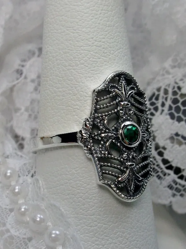 Natural Green Emerald Ring, Fleur de Lis Jewelry, Art Deco Vintage Jewelry #D216